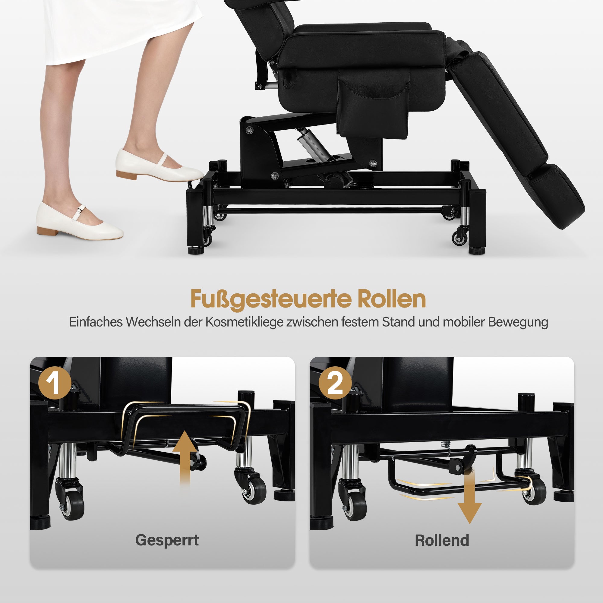 BarberPub Kosmetikliege Elektrisch mit 3 Motoren & Rollen, Massageliege Klappbar & 18CM Höhenverstellbar, 180°Drehbare Armlehnen, Tattoo Liege für SPA Salon 0754