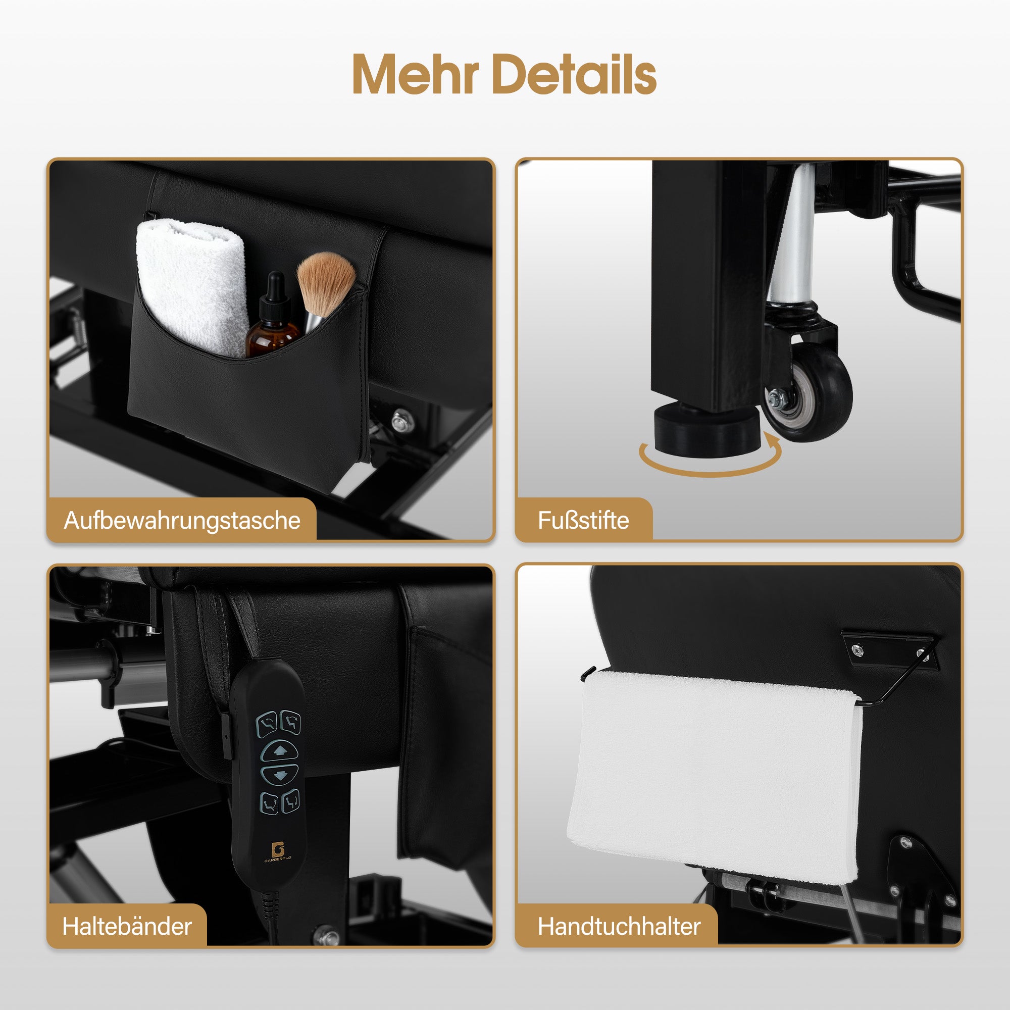 BarberPub Kosmetikliege Elektrisch mit 3 Motoren & Rollen, Massageliege Klappbar & 18CM Höhenverstellbar, 180°Drehbare Armlehnen, Tattoo Liege für SPA Salon 0754