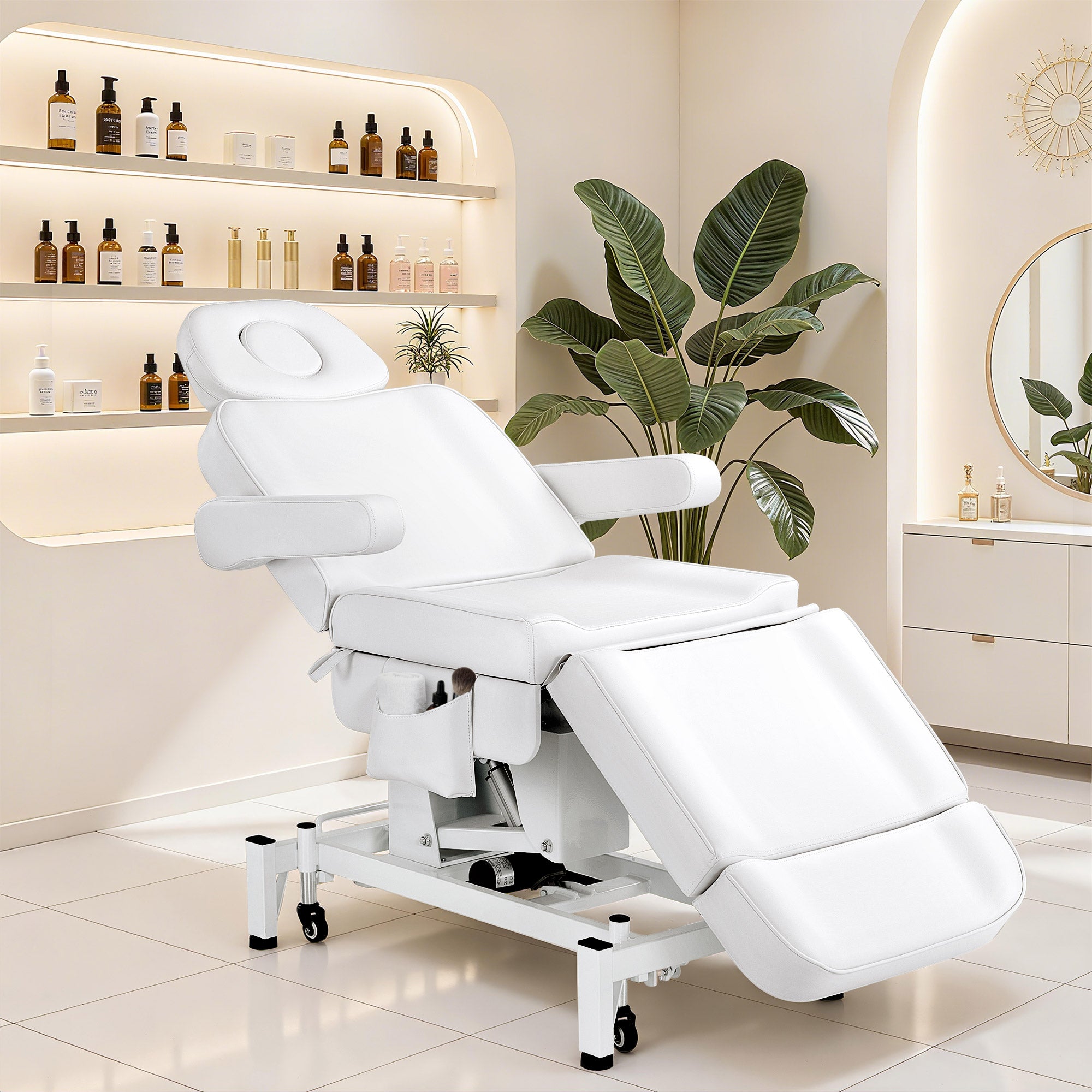 BarberPub Kosmetikliege Elektrisch mit 3 Motoren & Rollen, Massageliege Klappbar & 18CM Höhenverstellbar, 180°Drehbare Armlehnen, Tattoo Liege für SPA Salon 0754