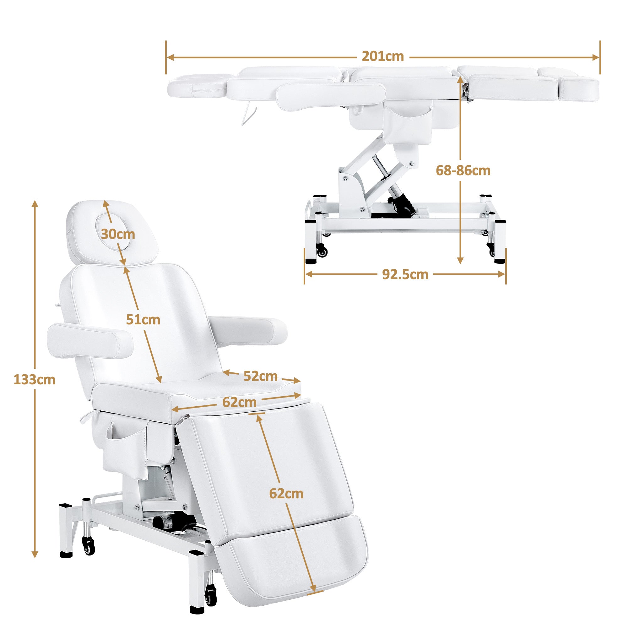 BarberPub Kosmetikliege Elektrisch mit 3 Motoren & Rollen, Massageliege Klappbar & 18CM Höhenverstellbar, 180°Drehbare Armlehnen, Tattoo Liege für SPA Salon 0754