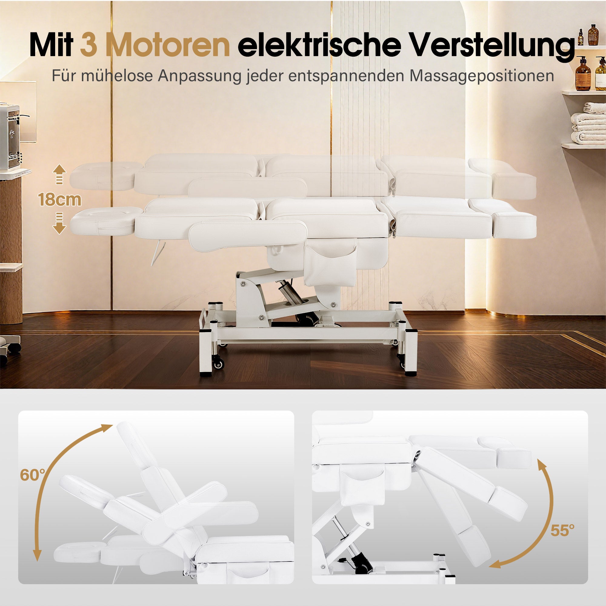 BarberPub Kosmetikliege Elektrisch mit 3 Motoren & Rollen, Massageliege Klappbar & 18CM Höhenverstellbar, 180°Drehbare Armlehnen, Tattoo Liege für SPA Salon 0754