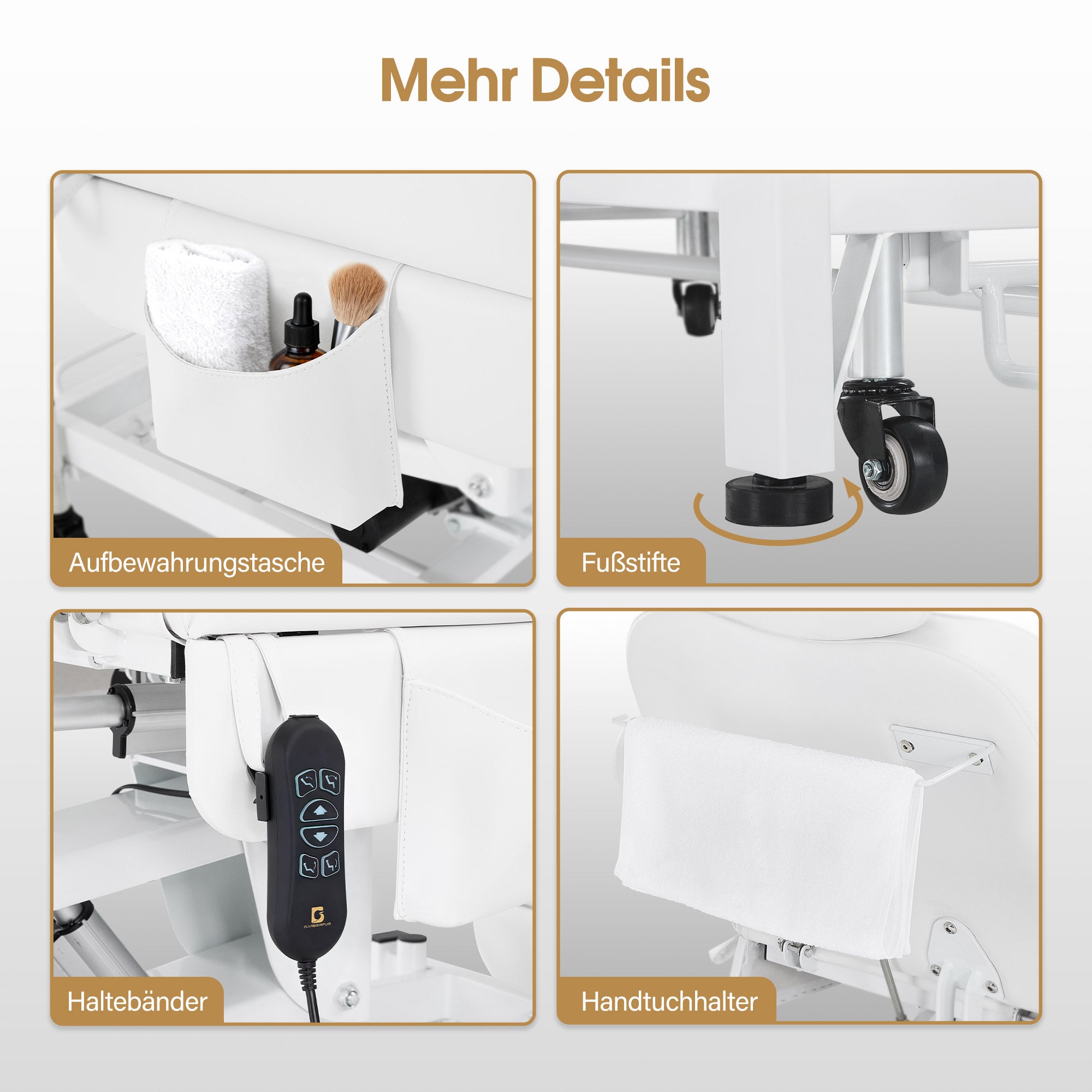 BarberPub Kosmetikliege Elektrisch mit 3 Motoren & Rollen, Massageliege Klappbar & 18CM Höhenverstellbar, 180°Drehbare Armlehnen, Tattoo Liege für SPA Salon 0754