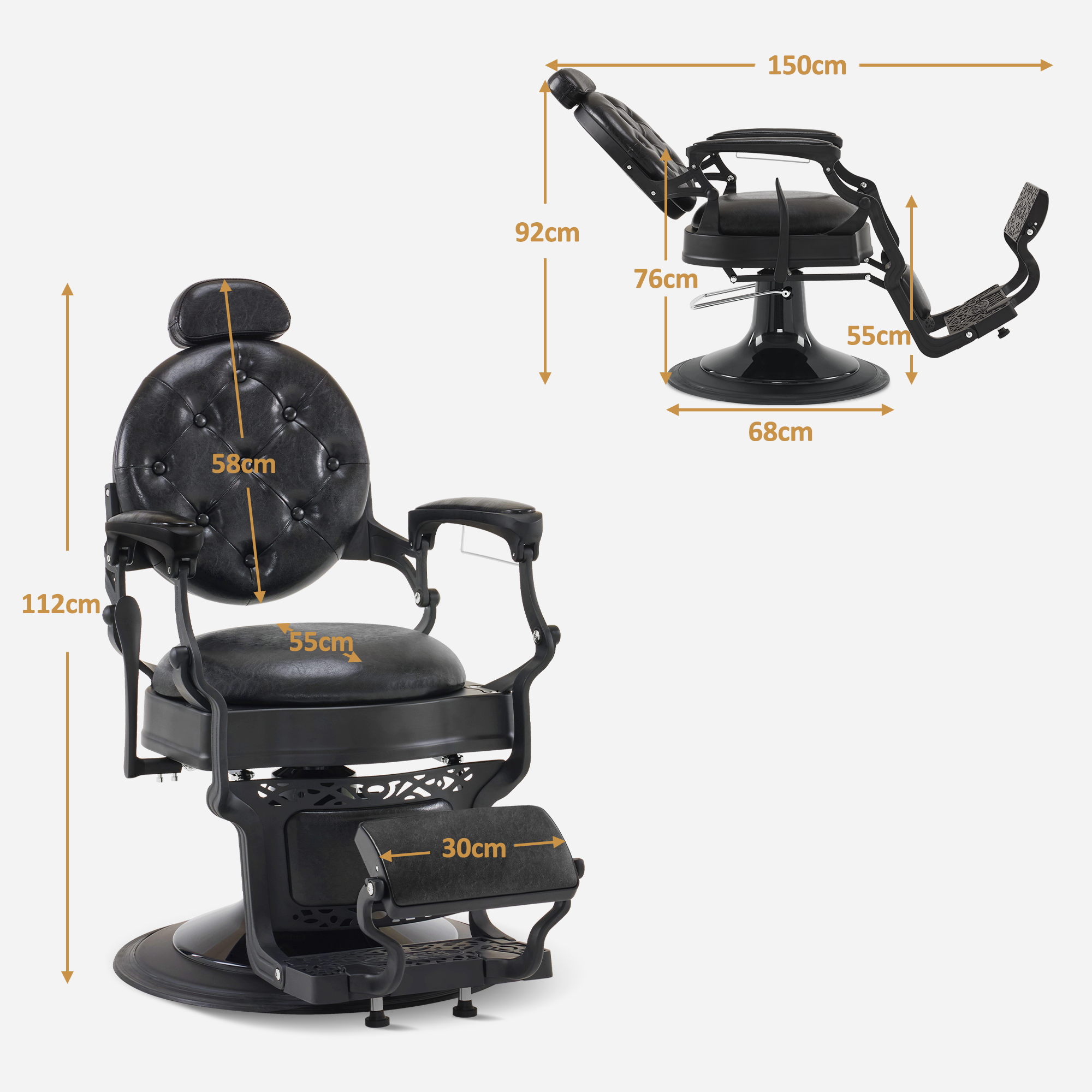 Fauteuil de coiffure Barberpub avec appui-tête, inclinable et réglable en hauteur, pivotant à 360°, style rétro vintage, 2940 (noir)
