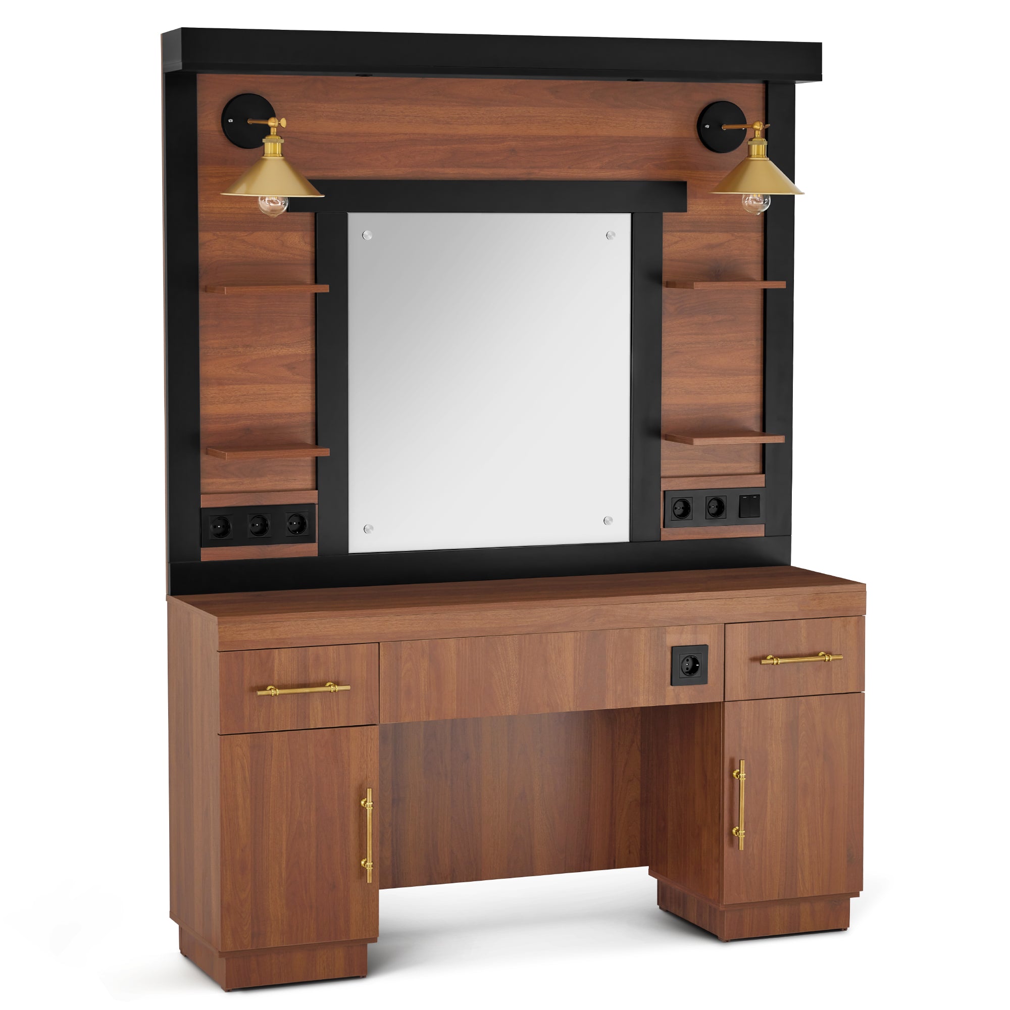 Coiffeuse BarberPub avec 2 tiroirs, coiffeuse avec miroir, station-service avec 4 étagères et 2 armoires, armoire à miroir en bois, table miroir moderne, équipement de coiffure, 3167 (marron)