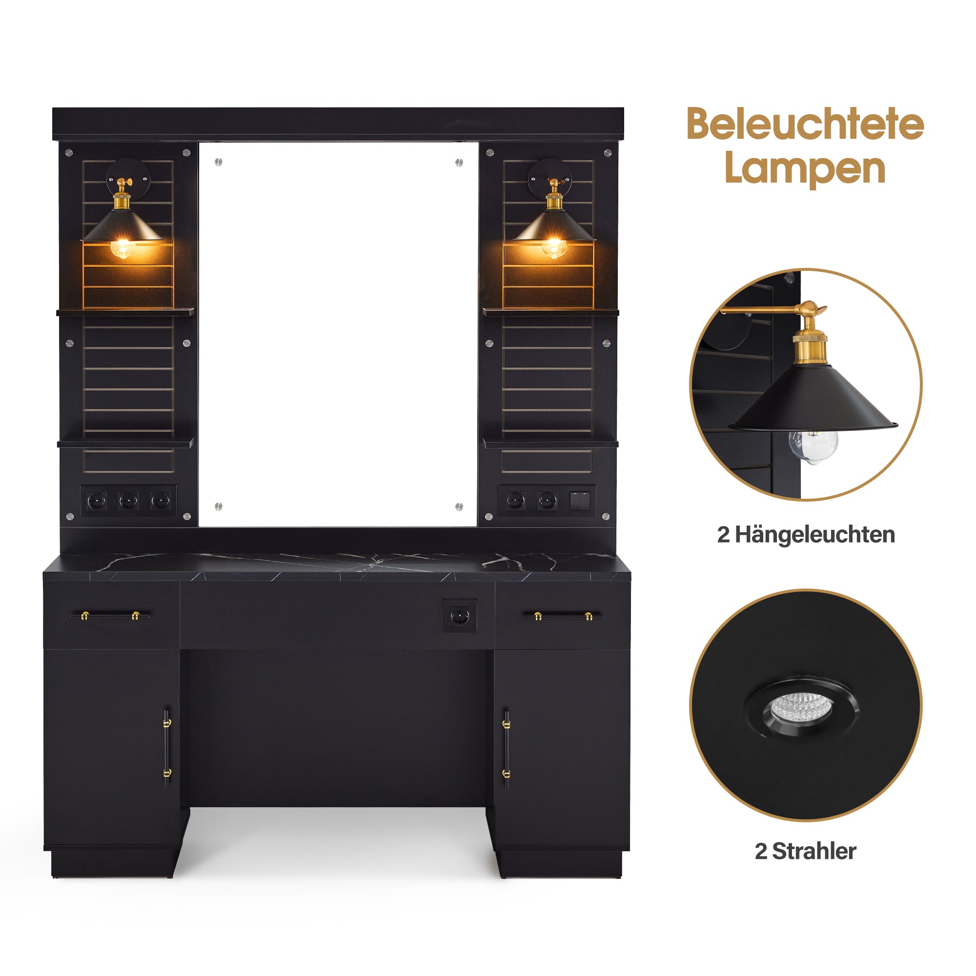 Coiffeuse BarberPub avec 2 tiroirs, coiffeuse avec miroir, station-service avec 4 étagères et 2 armoires, armoire à miroir en bois, table miroir moderne, équipement de coiffure, 3169 (noir)