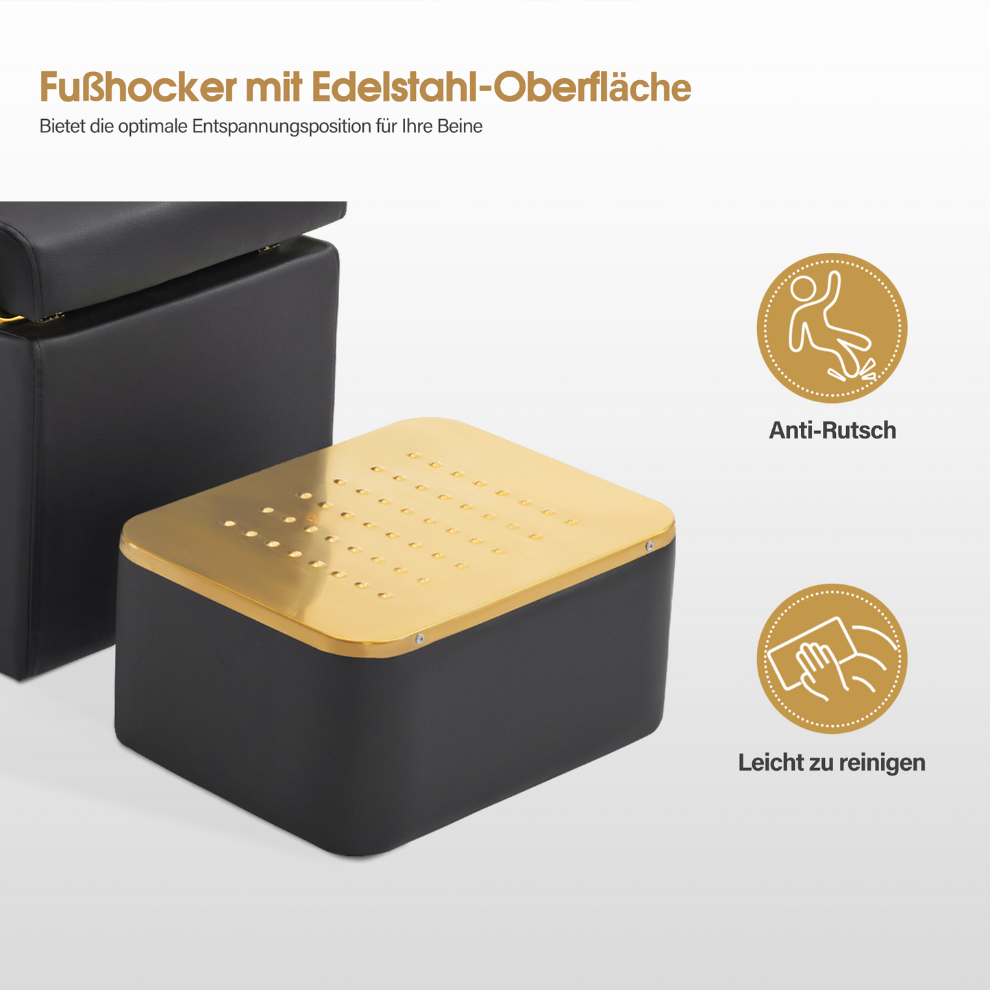 Barberpub Friseurstuhl mit Waschbecken, Friseurwaschbecken aus Keramik Verstellbar, Rückwärtswaschsessel mit Fußhocker, Friseurwaschsessel für SPA Salon, Friseur Waschplatz Retro 8037 (Gold-Schwarz/PVC)