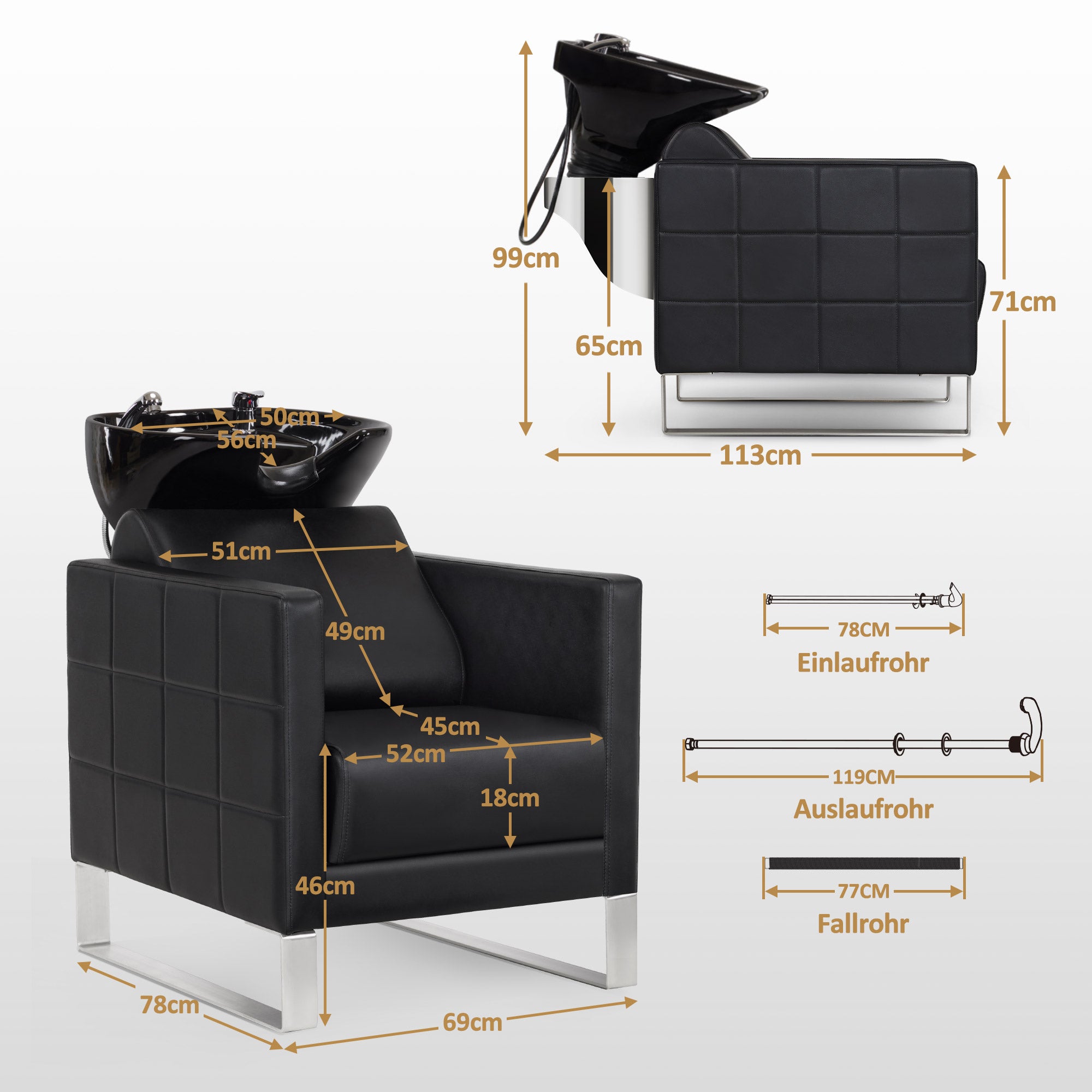 BarberPub Friseurstuhl mit Waschbecken & Edelstahlbasis, Friseurwaschbecken aus Keramik Verstellbar, Friseurwaschsessel für SPA Salon Friseur Waschplatz 8611