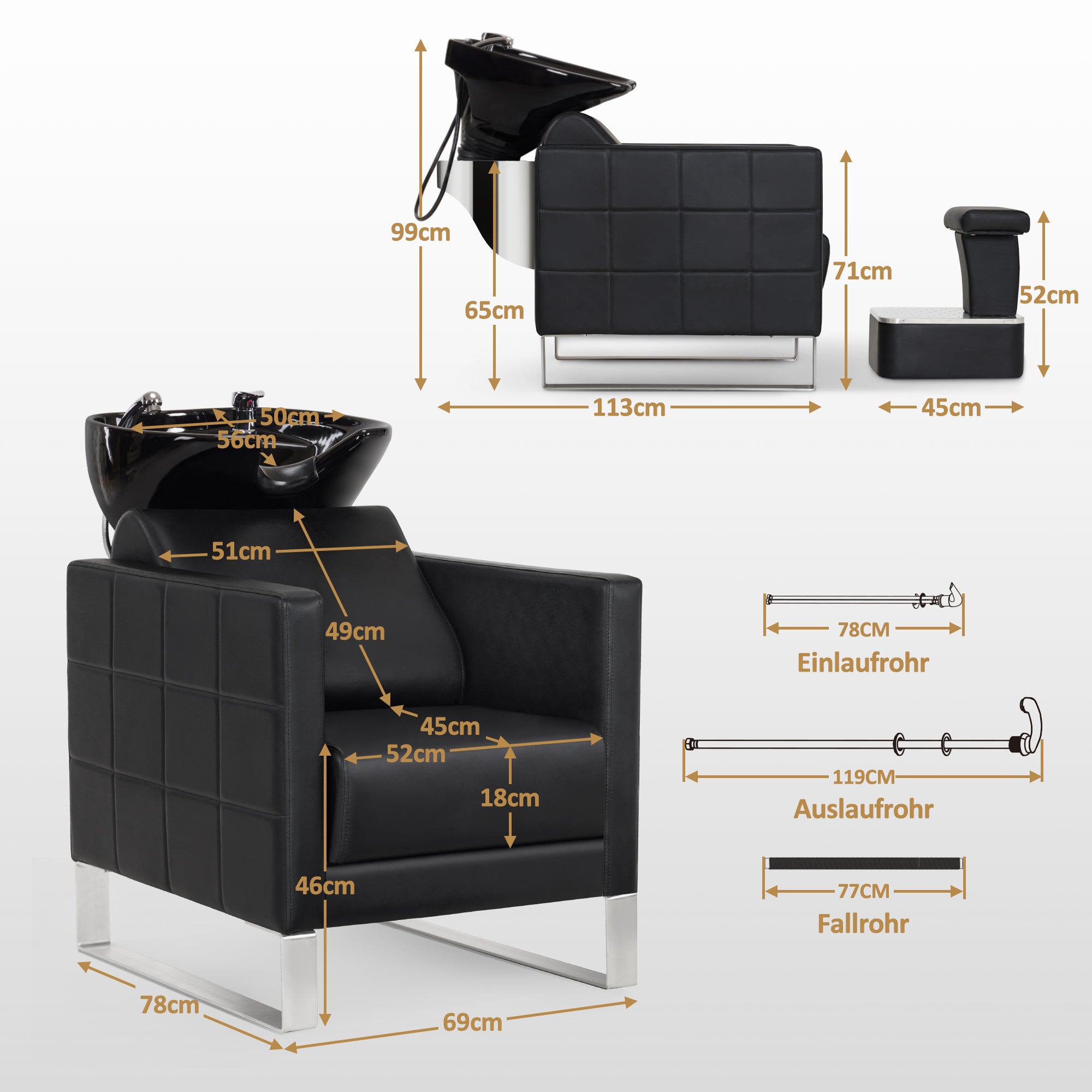 Fauteuil de barbier BarberPub avec lavabo et base en acier inoxydable, lavabo en céramique réglable, fauteuil de lavage pour salon de coiffure SPA 8611