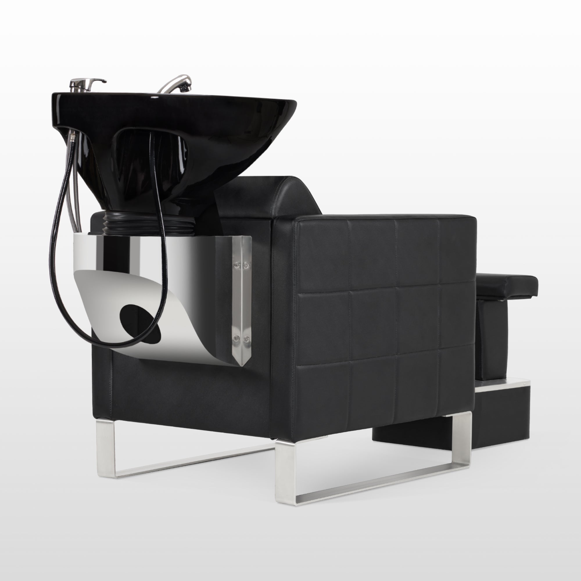 Fauteuil de barbier BarberPub avec lavabo et base en acier inoxydable, lavabo en céramique réglable, fauteuil de lavage pour salon de coiffure SPA 8611