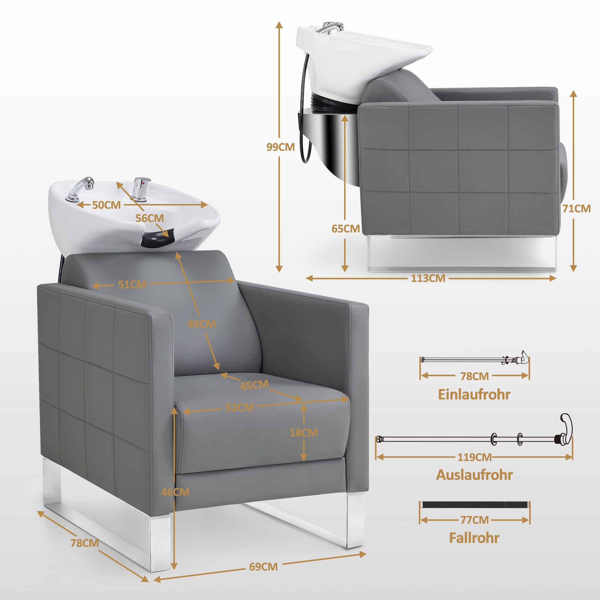 BarberPub Friseurstuhl mit Waschbecken & Edelstahlbasis, Friseurwaschbecken aus Keramik Verstellbar, Friseurwaschsessel für SPA Salon Friseur Waschplatz 8611