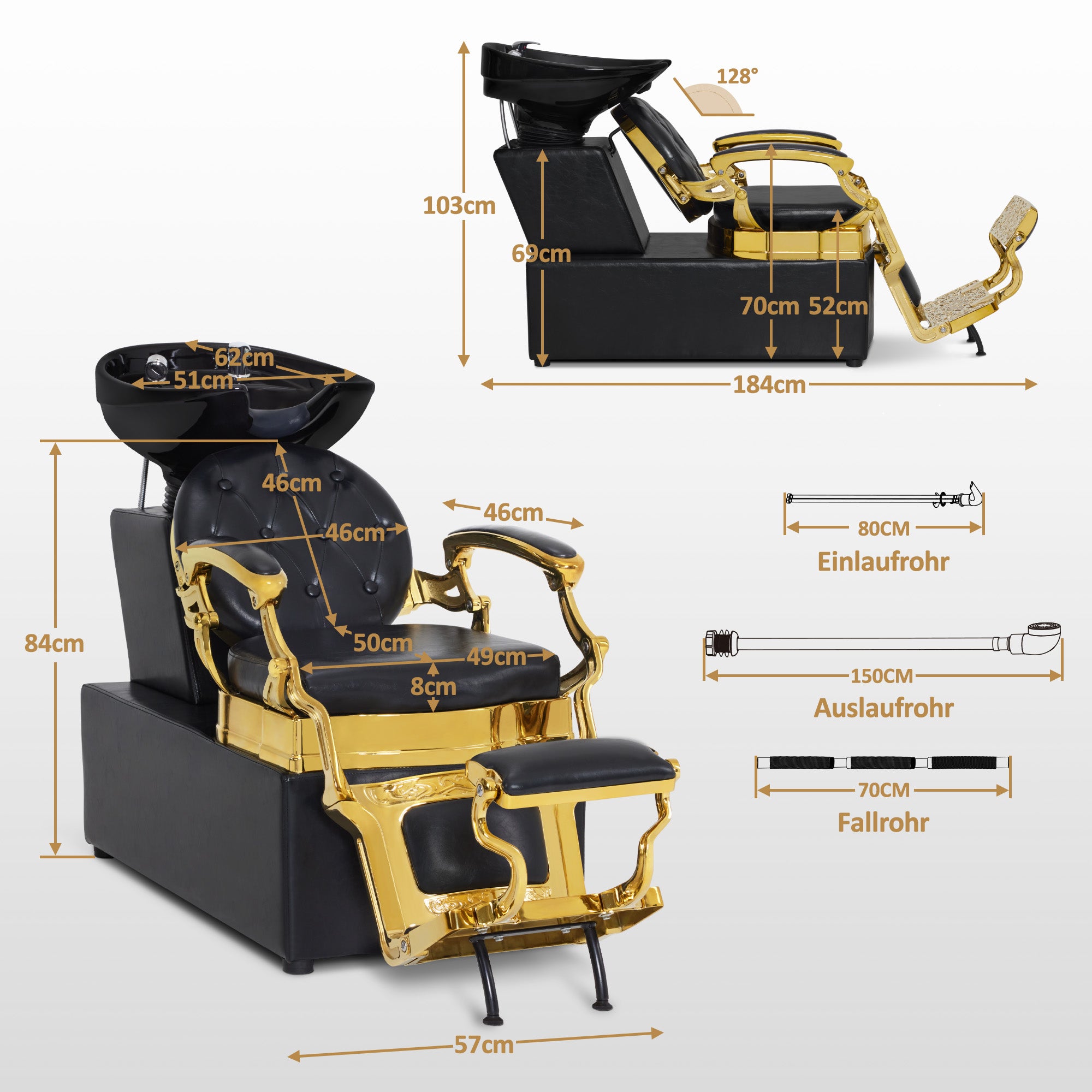 Fauteuil de barbier BarberPub avec lavabo, repose-pieds rotatif, lavabo en céramique, fauteuil de coiffure réglable pour salon de spa, poste de lavage rétro 8653 (doré-noir/similicuir)