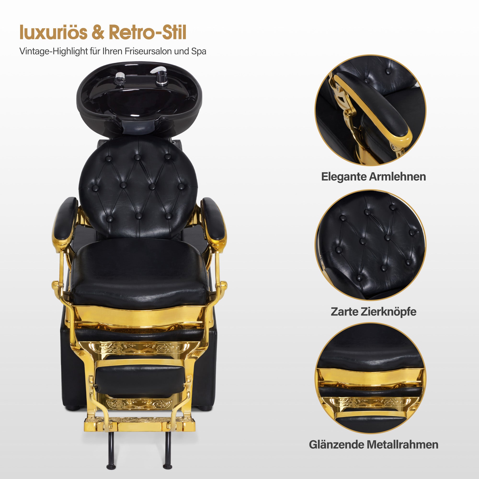 Fauteuil de barbier BarberPub avec lavabo, repose-pieds rotatif, lavabo en céramique, fauteuil de coiffure réglable pour salon de spa, poste de lavage rétro 8653 (doré-noir/similicuir)
