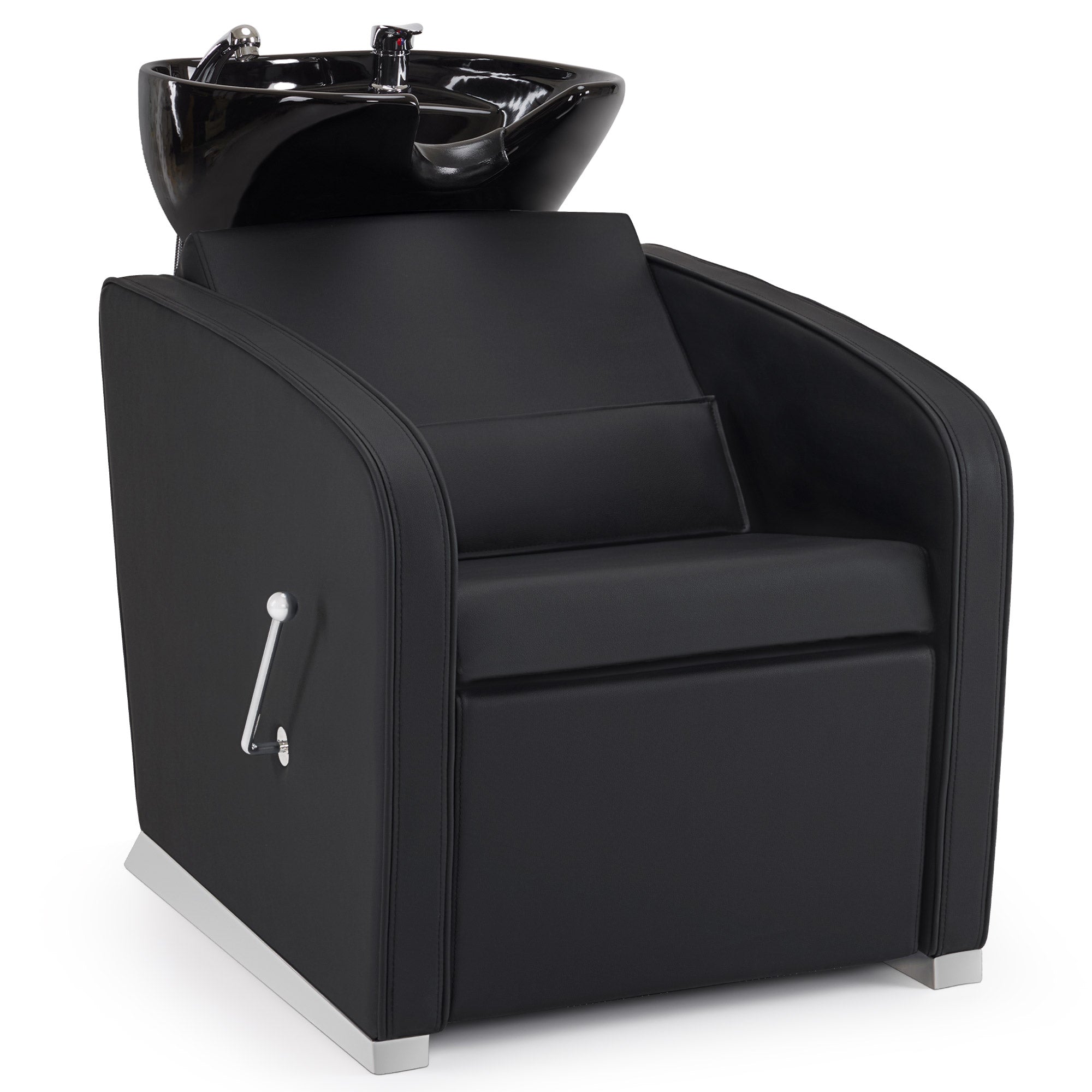 Fauteuil de barbier BarberPub avec lavabo, repose-jambes pliable, lavabo réglable en céramique, fauteuil de lavage pour salon de coiffure, station de lavage pour salon de spa 8679 (noir/similicuir)