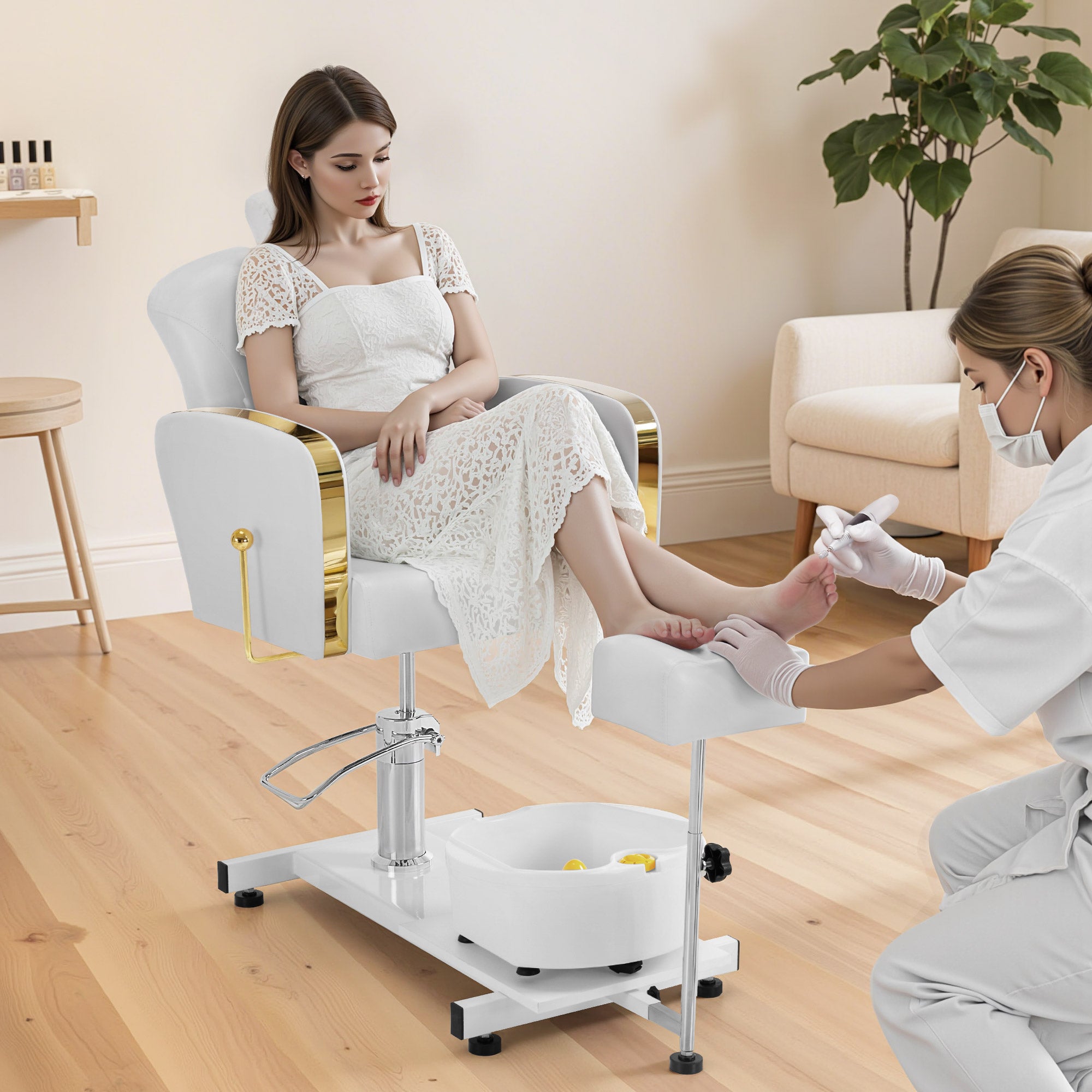 Fauteuil de pédicure BarberPub avec bain de pieds, fauteuil de coiffure réglable en hauteur et inclinable, fauteuil de soins des pieds pour salon de manucure rétro F0371 (doré et blanc)
