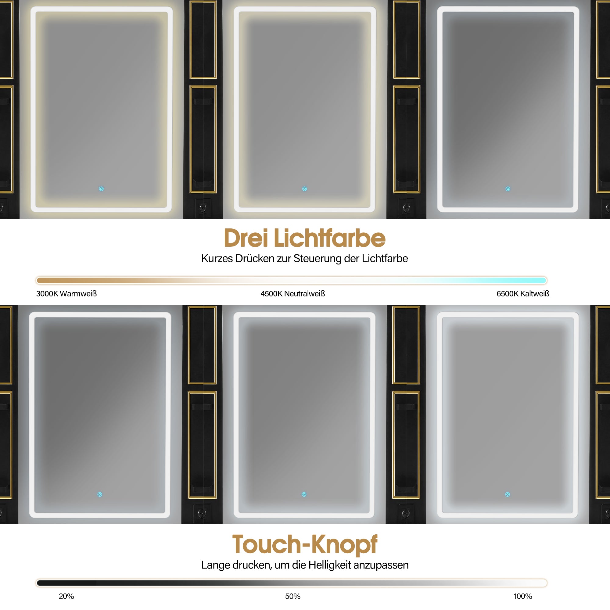 BarberPub Friseurplatz mit 2 Schubladen, Schminktisch mit Spiegel, Bedienungsplatz mit 4 Ablagen & 2 Schränken, Spiegelschrank aus Holz, Spiegeltisch mit Beleuchtung, 3161 (Schwarz-Gold)