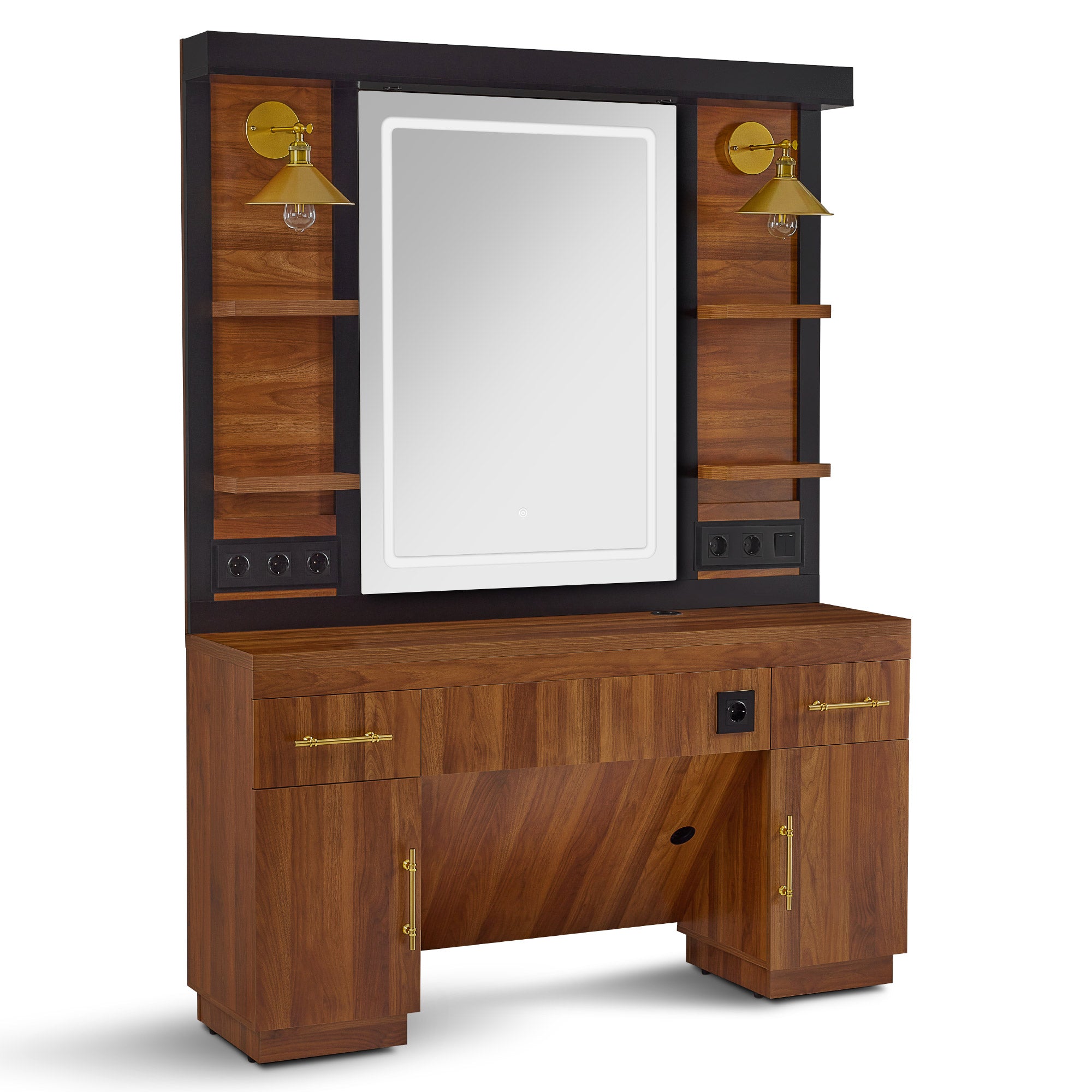 BarberPub Friseurplatz mit 2 Schubladen, Schminktisch mit Spiegel, Bedienungsplatz mit 4 Ablagen & 2 Schränken, Spiegelschrank aus Holz, Spiegeltisch Modern, Friseureinrichtung, 3167 (Braun)