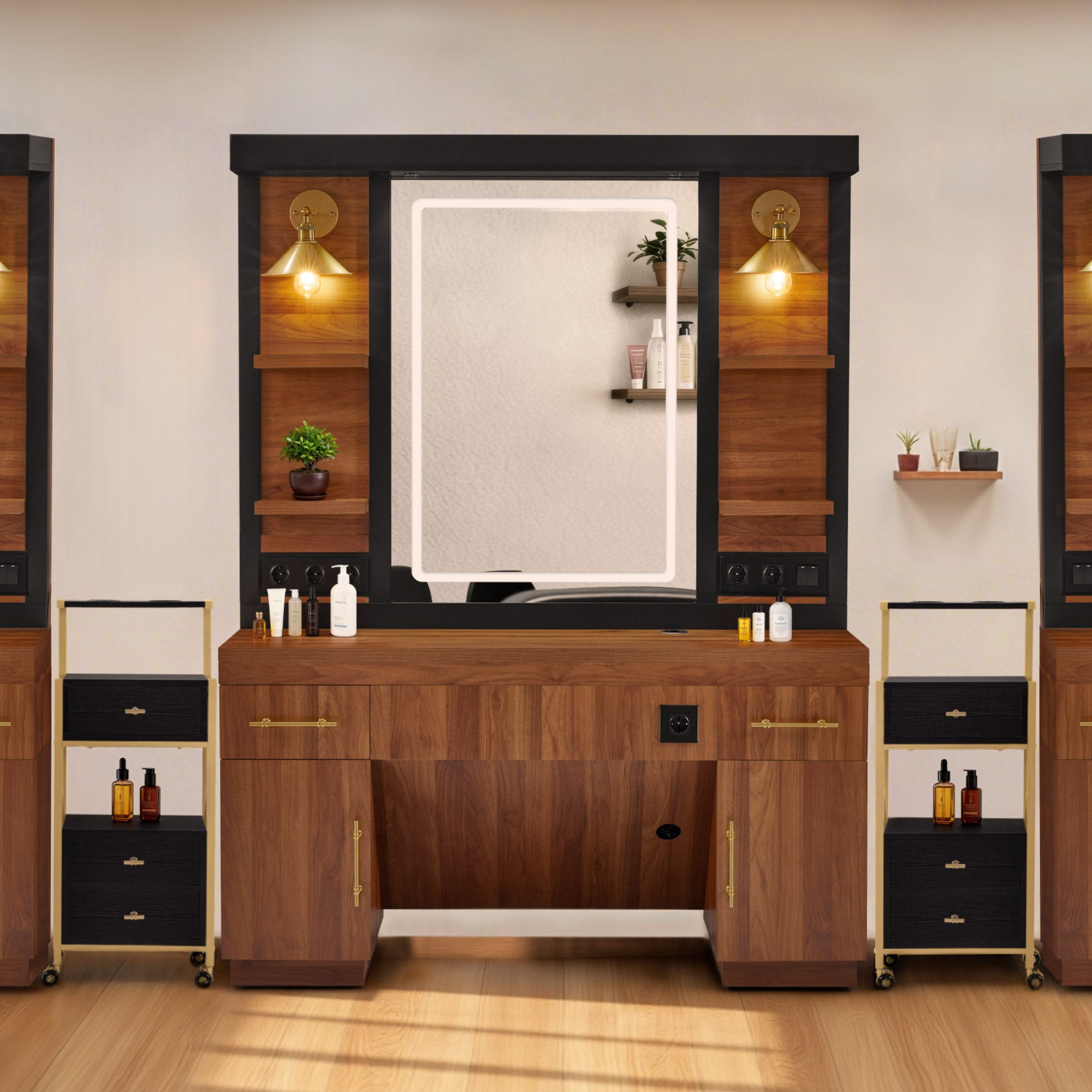 BarberPub Friseurplatz mit 2 Schubladen, Schminktisch mit Spiegel, Bedienungsplatz mit 4 Ablagen & 2 Schränken, Spiegelschrank aus Holz, Spiegeltisch Modern, Friseureinrichtung, 3167 (Braun)