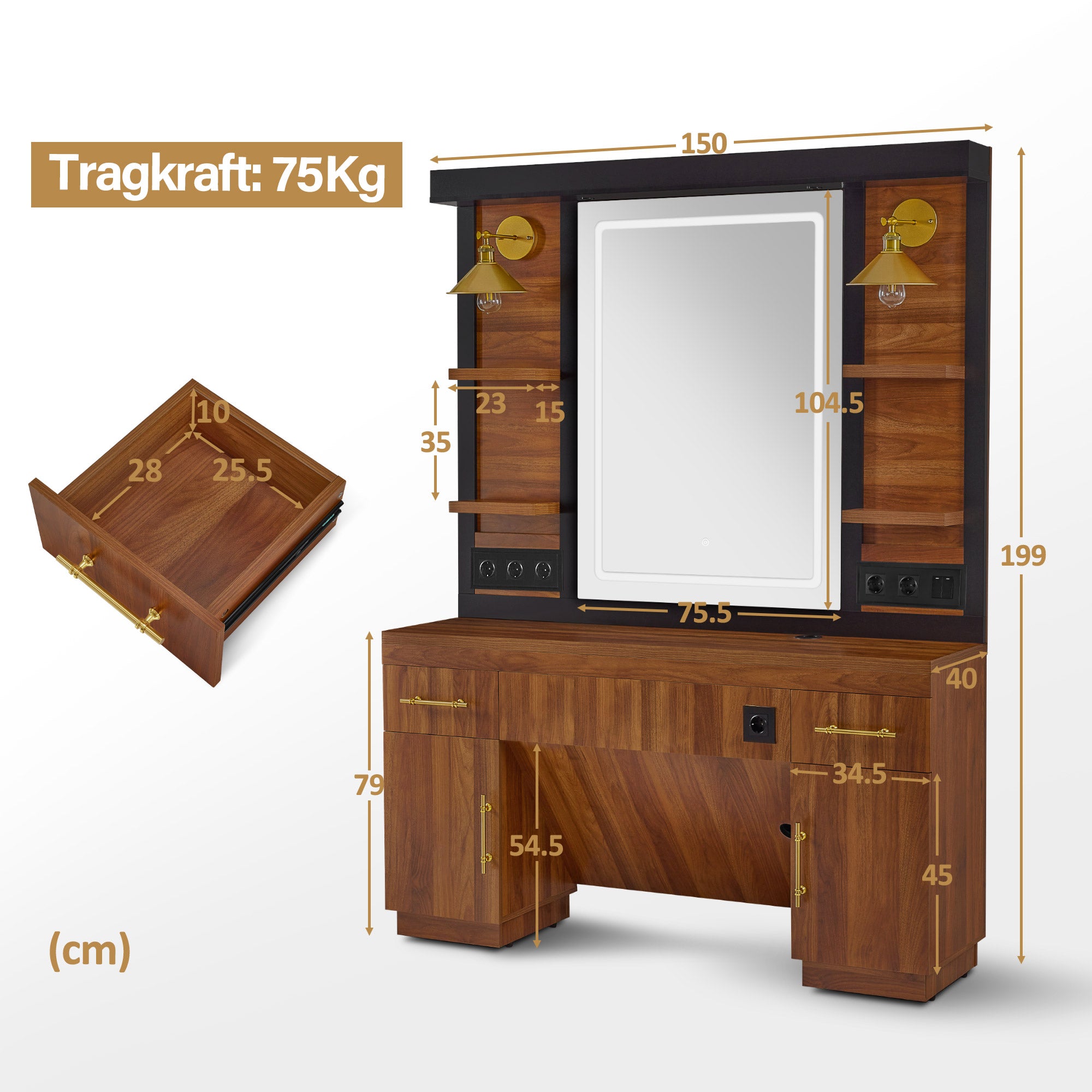 BarberPub Friseurplatz mit 2 Schubladen, Schminktisch mit Spiegel, Bedienungsplatz mit 4 Ablagen & 2 Schränken, Spiegelschrank aus Holz, Spiegeltisch Modern, Friseureinrichtung, 3167 (Braun)