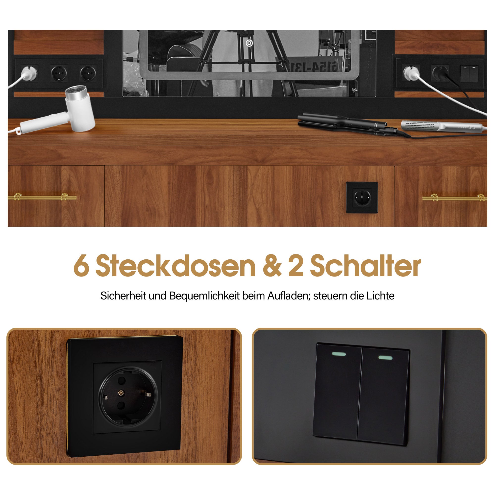 BarberPub Friseurplatz mit 2 Schubladen, Schminktisch mit Spiegel, Bedienungsplatz mit 4 Ablagen & 2 Schränken, Spiegelschrank aus Holz, Spiegeltisch Modern, Friseureinrichtung, 3167 (Braun)