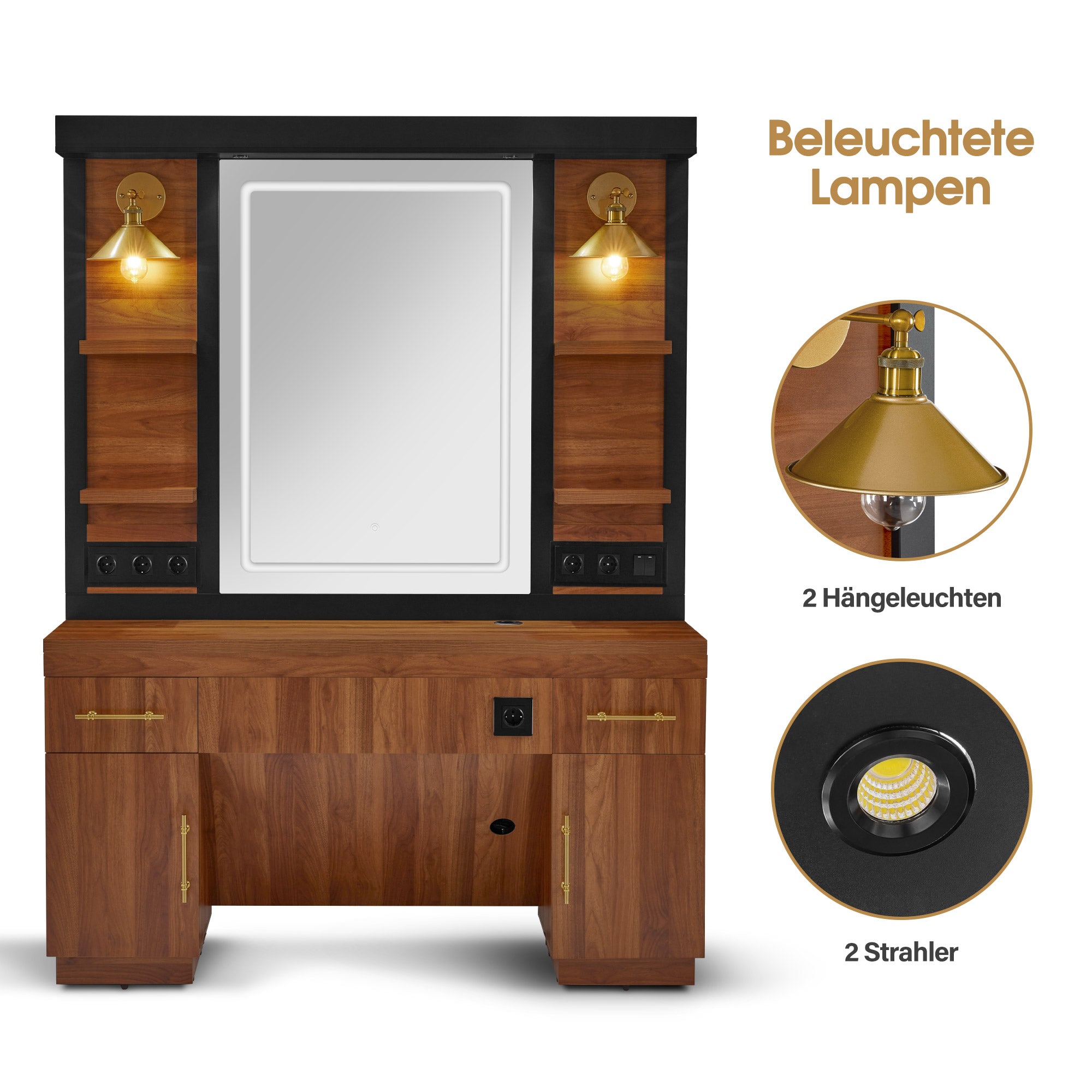 BarberPub Friseurplatz mit 2 Schubladen, Schminktisch mit Spiegel, Bedienungsplatz mit 4 Ablagen & 2 Schränken, Spiegelschrank aus Holz, Spiegeltisch Modern, Friseureinrichtung, 3167 (Braun)