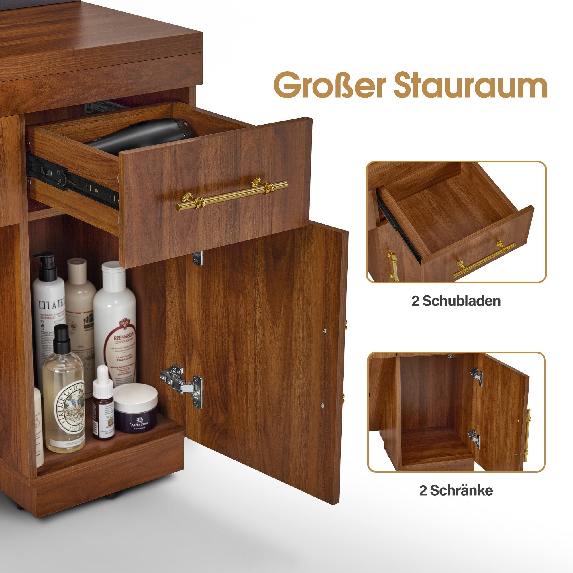 BarberPub Friseurplatz mit 2 Schubladen, Schminktisch mit Spiegel, Bedienungsplatz mit 4 Ablagen & 2 Schränken, Spiegelschrank aus Holz, Spiegeltisch Modern, Friseureinrichtung, 3167 (Braun)