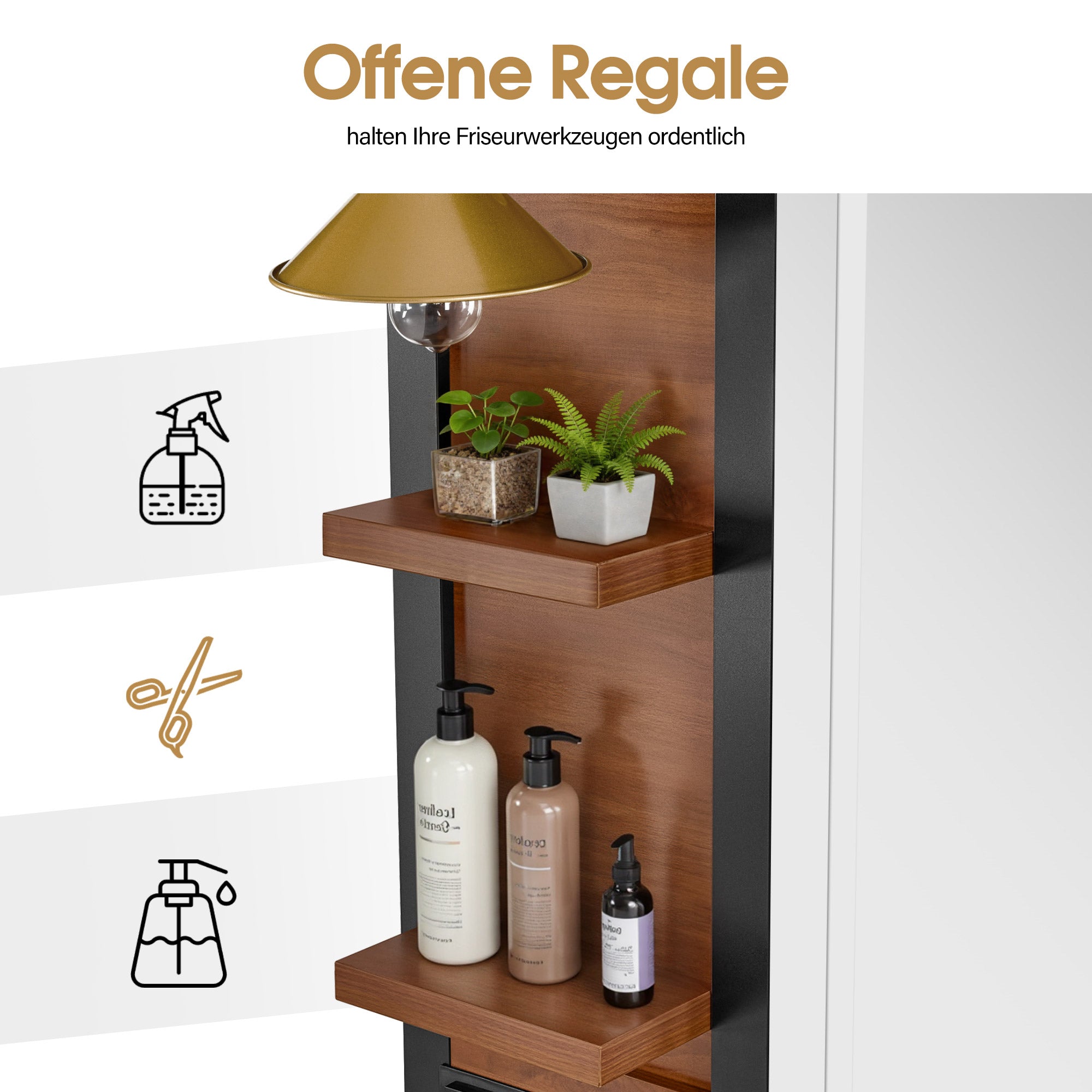 BarberPub Friseurplatz mit 2 Schubladen, Schminktisch mit Spiegel, Bedienungsplatz mit 4 Ablagen & 2 Schränken, Spiegelschrank aus Holz, Spiegeltisch Modern, Friseureinrichtung, 3167 (Braun)