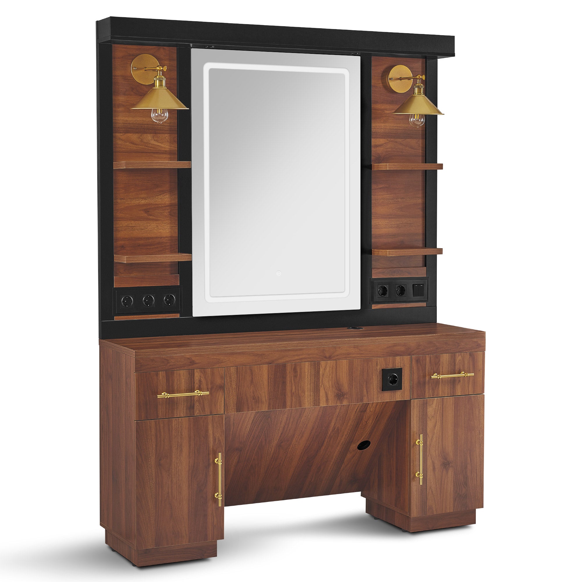 BarberPub Friseurplatz mit 2 Schubladen, Schminktisch mit Spiegel, Bedienungsplatz mit 4 Ablagen & 2 Schränken, Spiegelschrank aus Holz, Spiegeltisch Modern, Friseureinrichtung, 3167 (Braun)