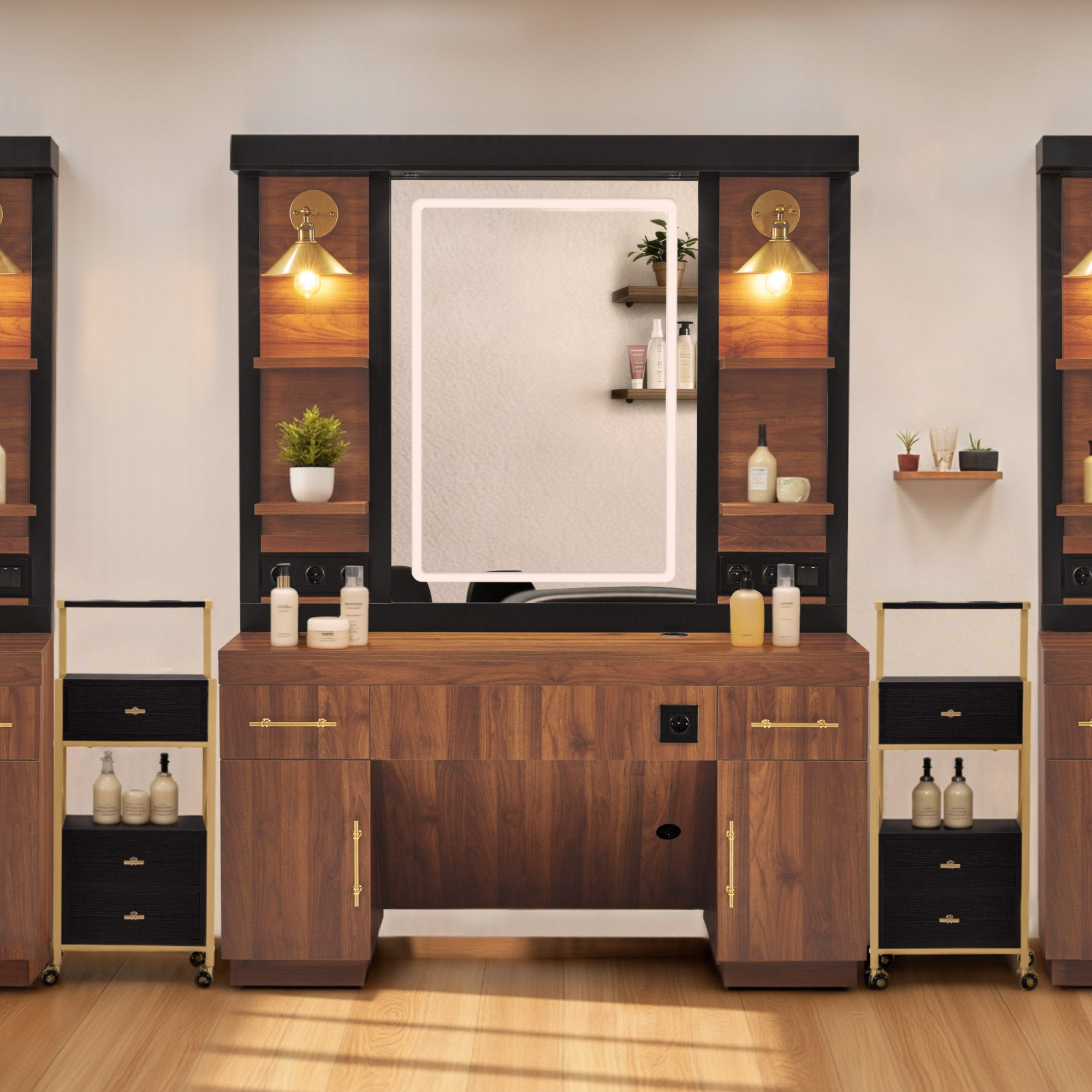 BarberPub Friseurplatz mit 2 Schubladen, Schminktisch mit Spiegel, Bedienungsplatz mit 4 Ablagen & 2 Schränken, Spiegelschrank aus Holz, Spiegeltisch Modern, Friseureinrichtung, 3167 (Braun)