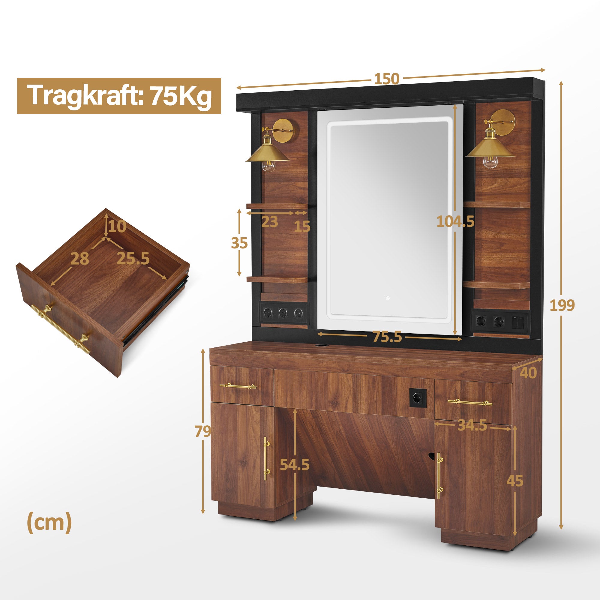 BarberPub Friseurplatz mit 2 Schubladen, Schminktisch mit Spiegel, Bedienungsplatz mit 4 Ablagen & 2 Schränken, Spiegelschrank aus Holz, Spiegeltisch Modern, Friseureinrichtung, 3167 (Braun)