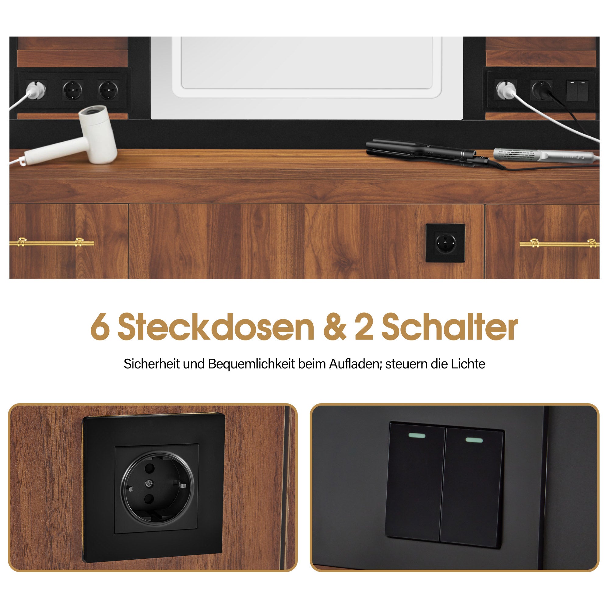 BarberPub Friseurplatz mit 2 Schubladen, Schminktisch mit Spiegel, Bedienungsplatz mit 4 Ablagen & 2 Schränken, Spiegelschrank aus Holz, Spiegeltisch Modern, Friseureinrichtung, 3167 (Braun)