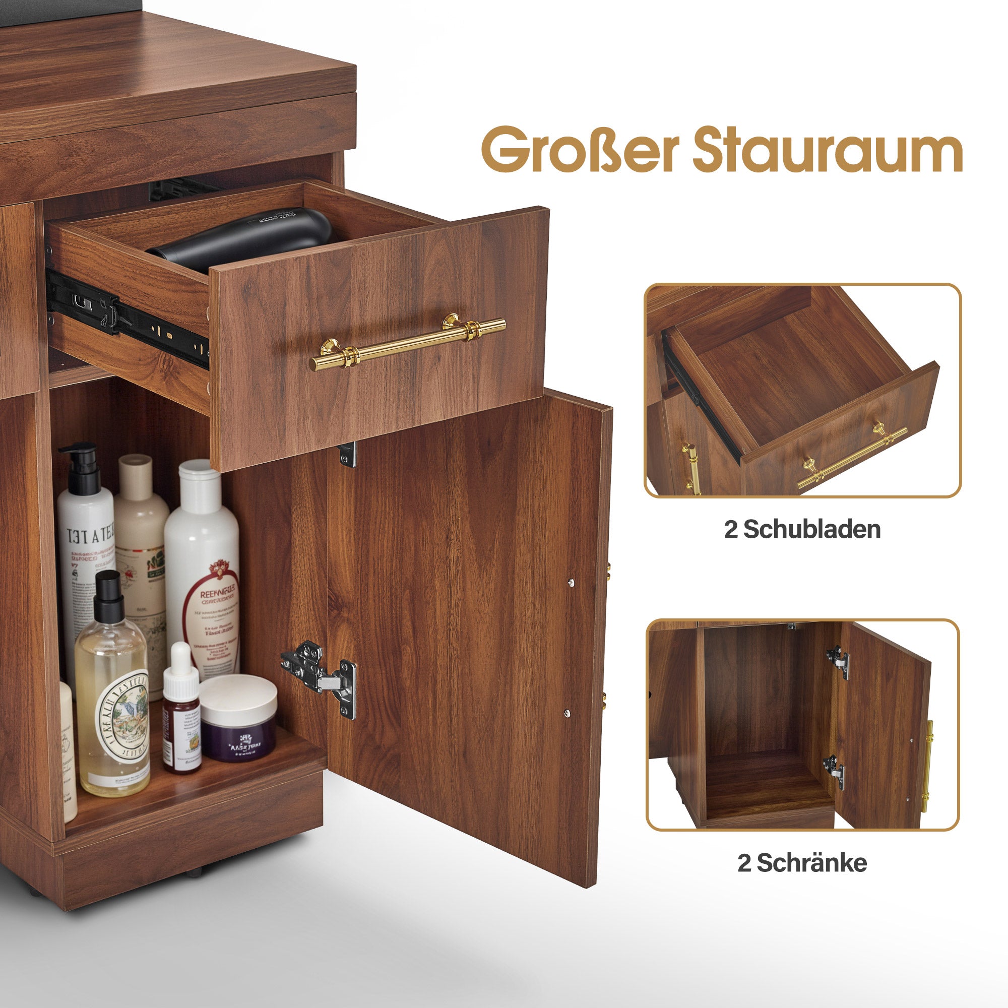 BarberPub Friseurplatz mit 2 Schubladen, Schminktisch mit Spiegel, Bedienungsplatz mit 4 Ablagen & 2 Schränken, Spiegelschrank aus Holz, Spiegeltisch Modern, Friseureinrichtung, 3167 (Braun)