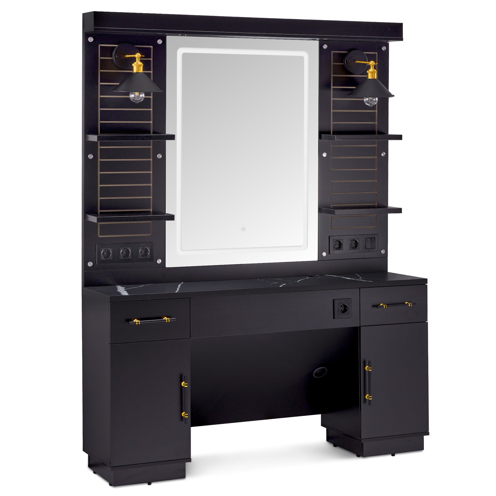 BarberPub Friseurplatz mit 2 Schubladen, Schminktisch mit Spiegel, Bedienungsplatz mit 4 Ablagen & 2 Schränken, Spiegelschrank aus Holz, Spiegeltisch mit Beleuchtung, Friseureinrichtung, 3169 (Schwarz)