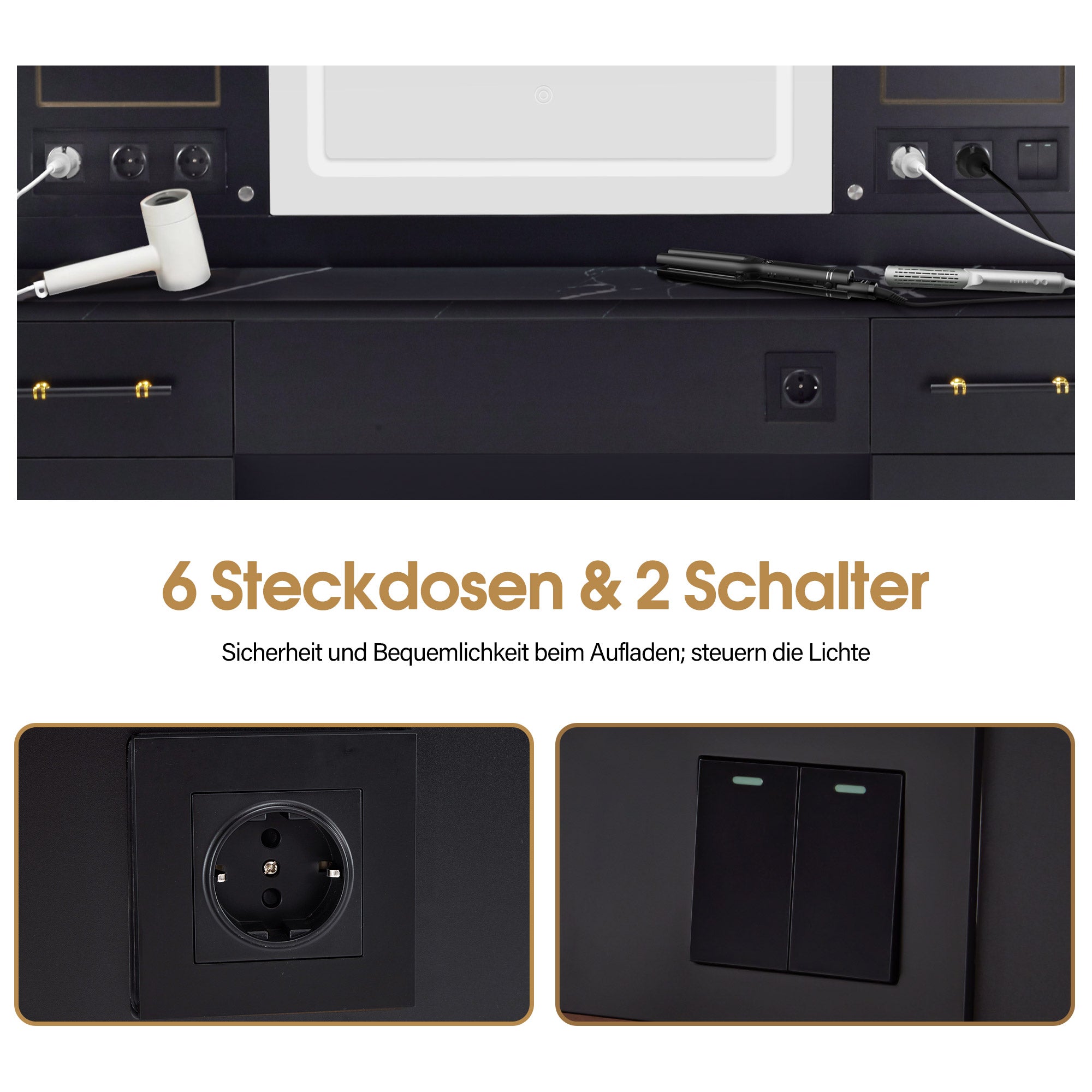 BarberPub Friseurplatz mit 2 Schubladen, Schminktisch mit Spiegel, Bedienungsplatz mit 4 Ablagen & 2 Schränken, Spiegelschrank aus Holz, Spiegeltisch mit Beleuchtung, Friseureinrichtung, 3169 (Schwarz)