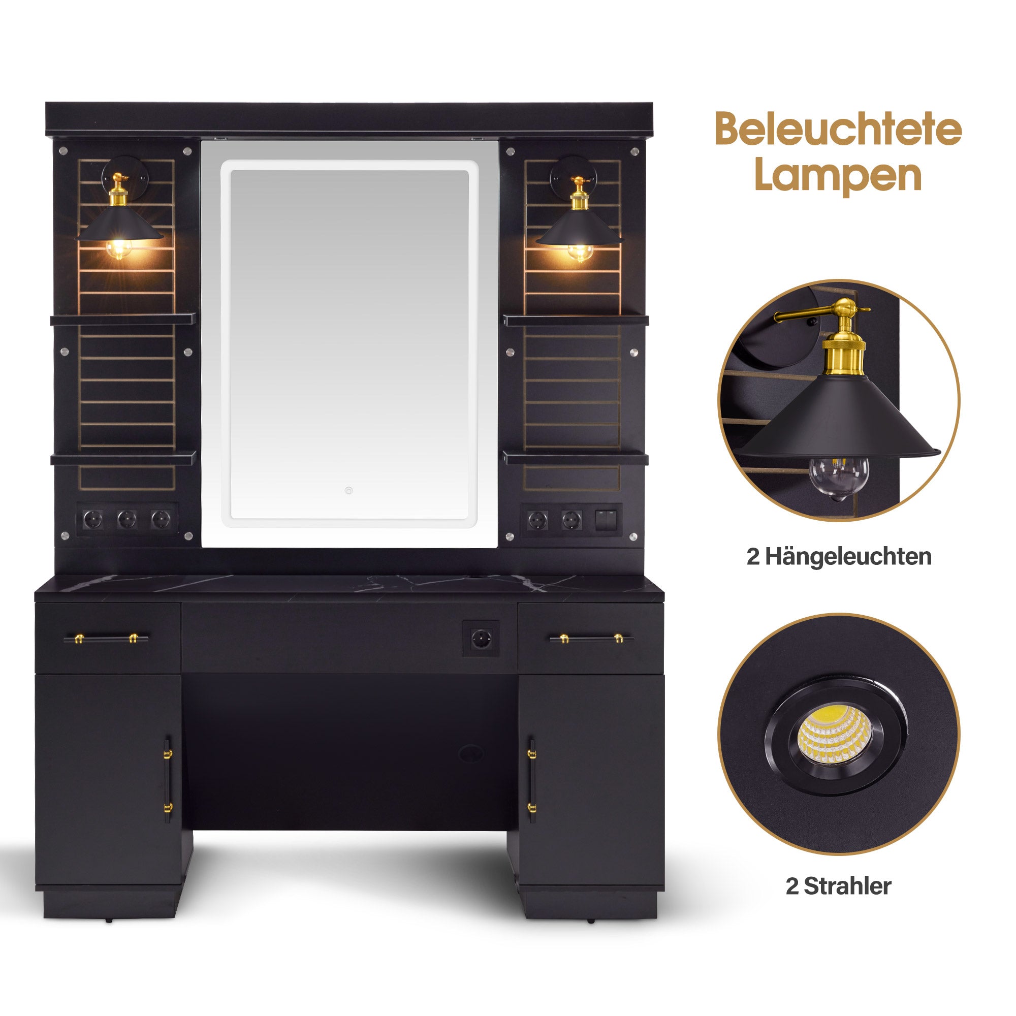 BarberPub Friseurplatz mit 2 Schubladen, Schminktisch mit Spiegel, Bedienungsplatz mit 4 Ablagen & 2 Schränken, Spiegelschrank aus Holz, Spiegeltisch mit Beleuchtung, Friseureinrichtung, 3169 (Schwarz)