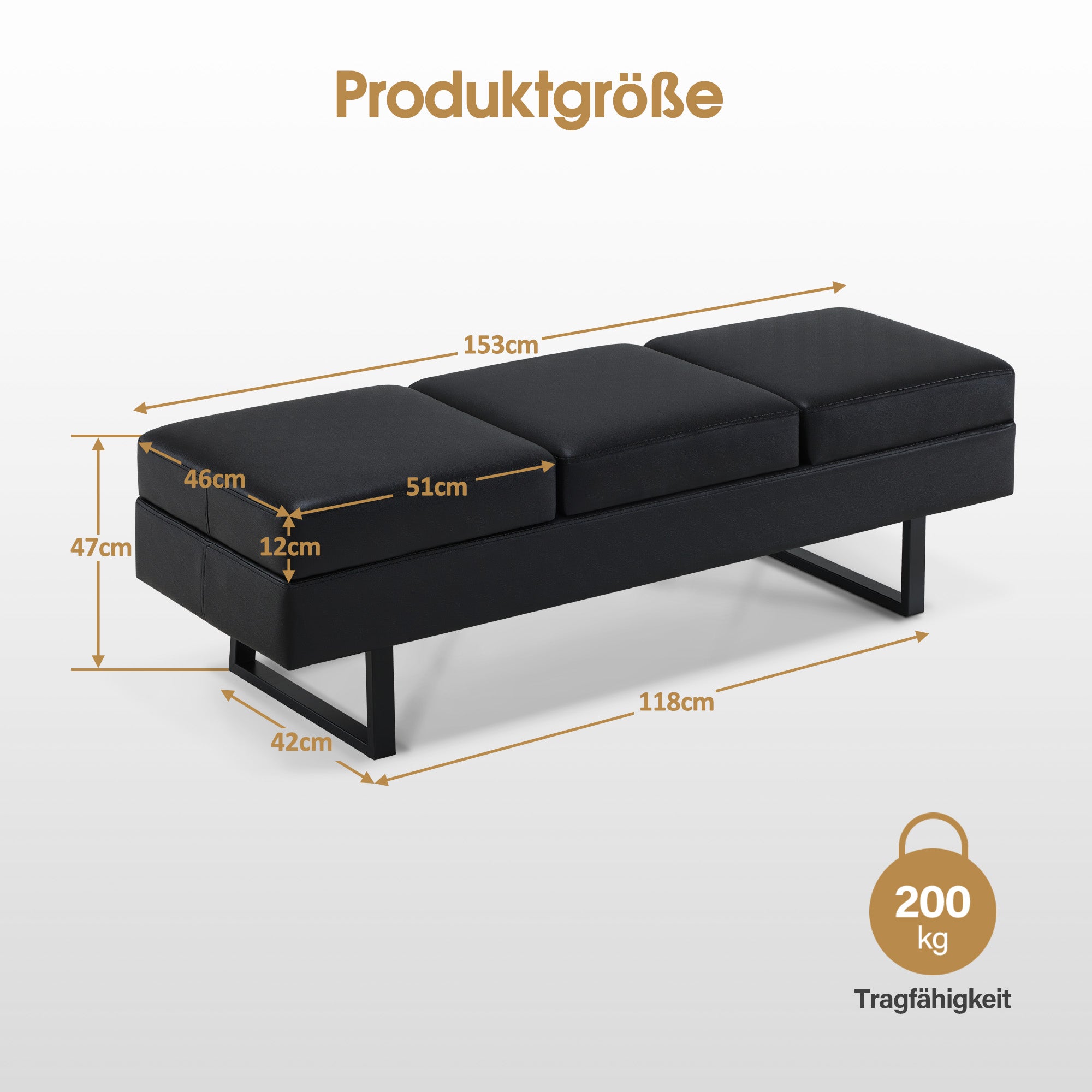 Banc 3 places BarberPub pour salon de coiffure, largeur 153 cm, banc d'attente pour coiffeur, banc de chambre rembourré, banc de lit pour salon, banc à chaussures, banc de couloir, L513 (noir/simili cuir)