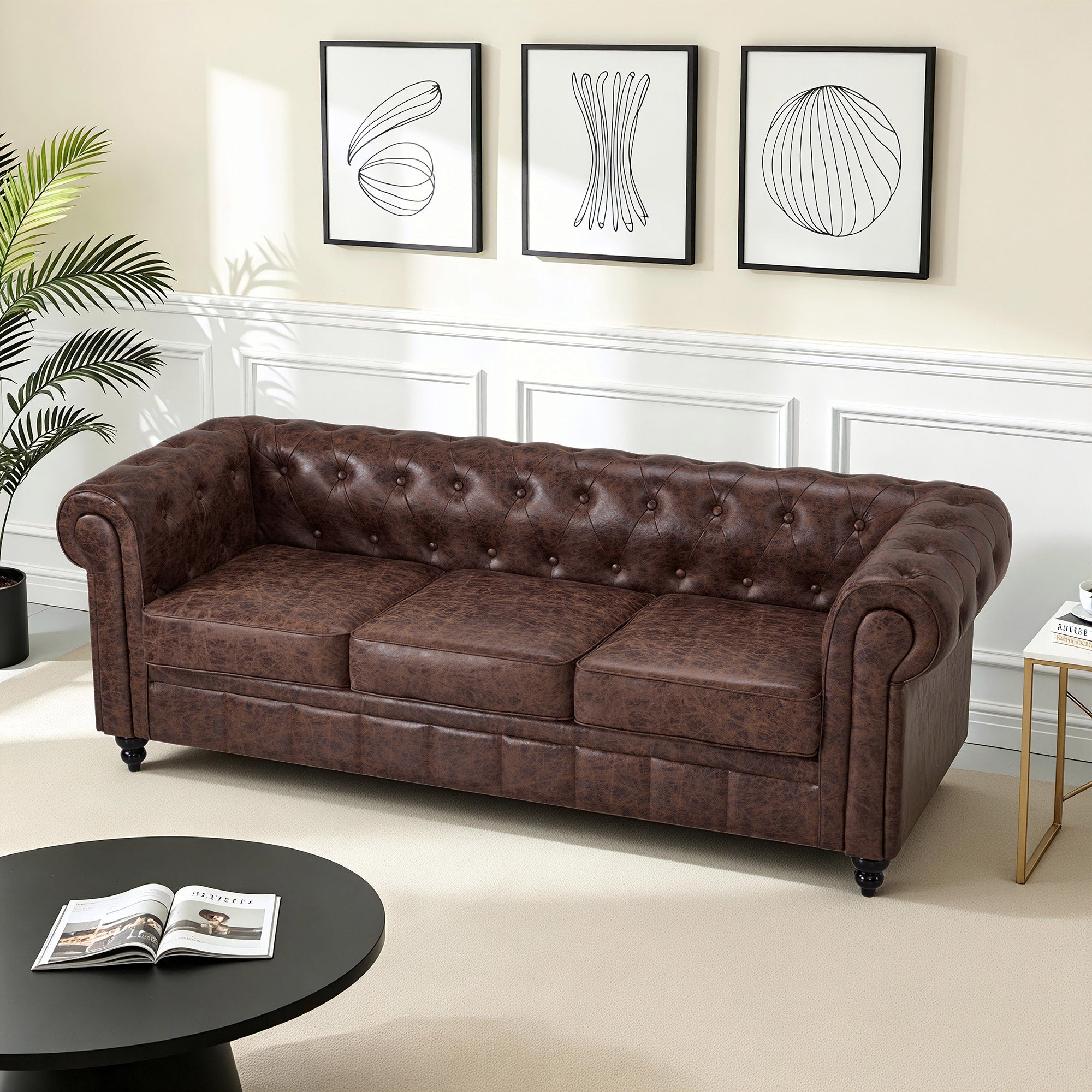BarberPub Chesterfield Sofa 3-Seater 208cm, Vintage Waiting Bench for Hairdressers, Bench with Backrest & Armrest, 3-Seater Sofa, Classic Salon Furniture W536