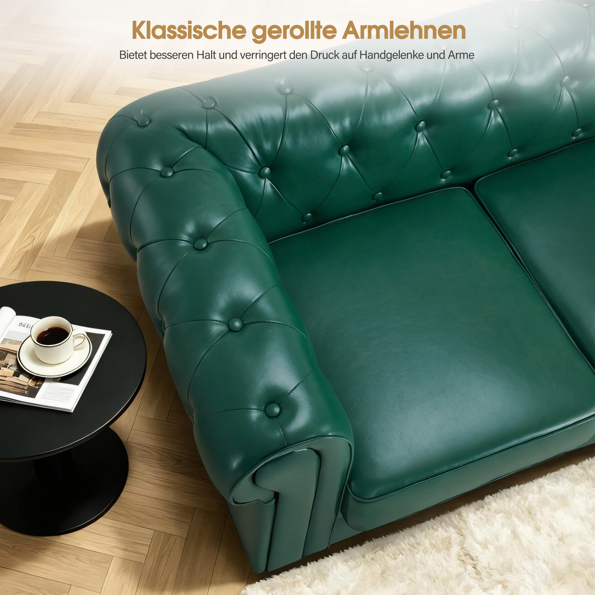 BarberPub Chesterfield Sofa 3-Seater 208cm, Vintage Waiting Bench for Hairdressers, Bench with Backrest & Armrest, 3-Seater Sofa, Classic Salon Furniture W536