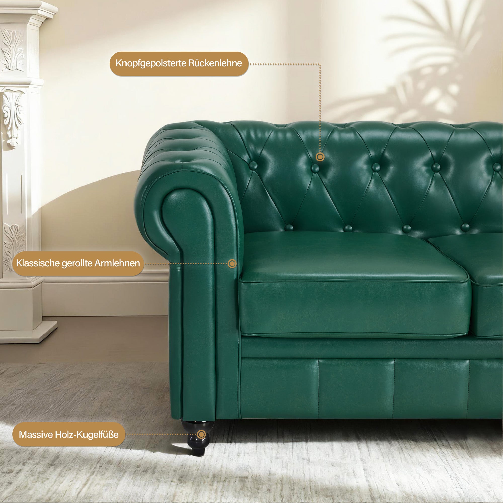 BarberPub Chesterfield Sofa 3-Seater 208cm, Vintage Waiting Bench for Hairdressers, Bench with Backrest & Armrest, 3-Seater Sofa, Classic Salon Furniture W536