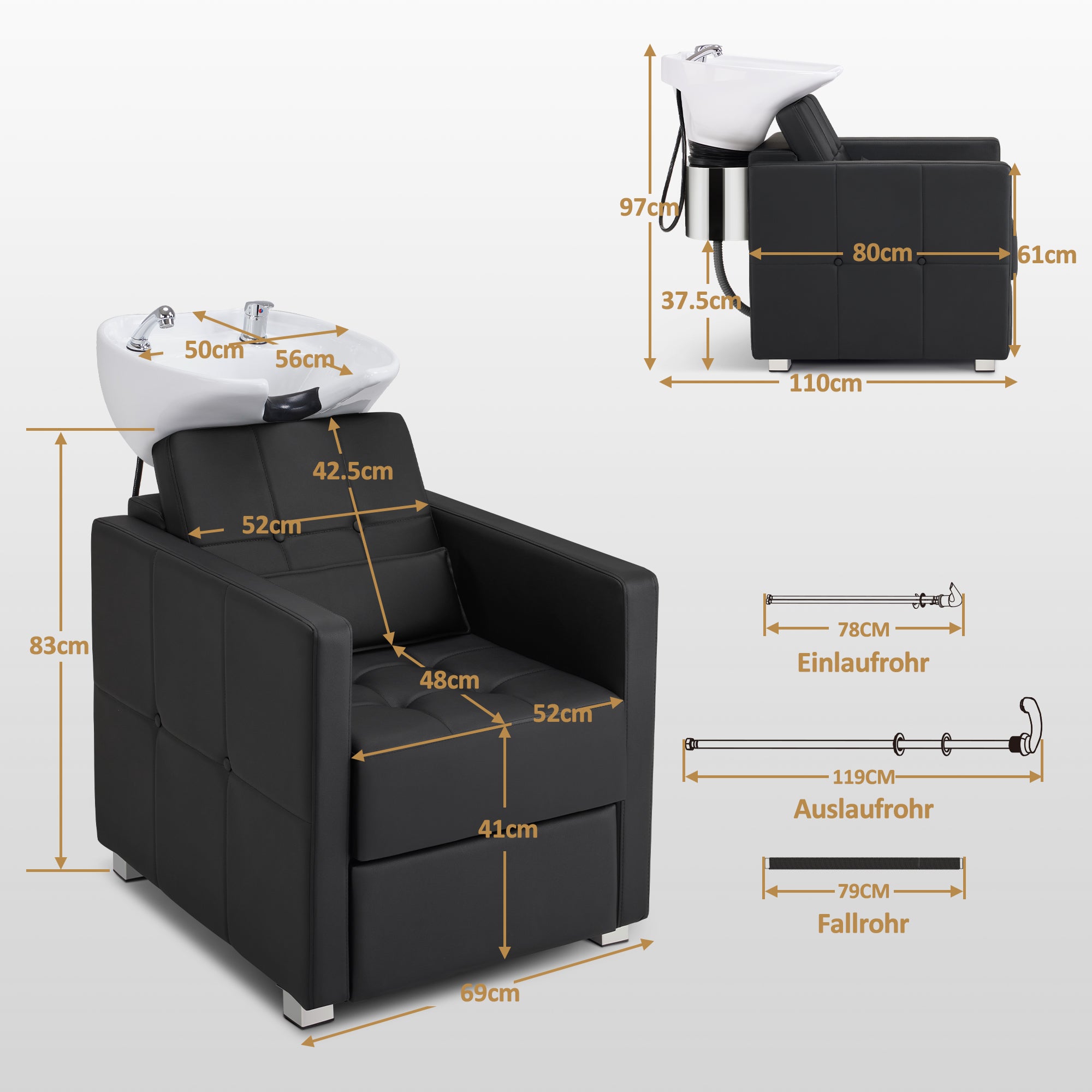 Chaise de coiffure avec lavabo, lavabo réglable en céramique, chaise de lavage inversée pour salon de coiffure, station de lavage pour salon de coiffure 8010 (noir/PVC)