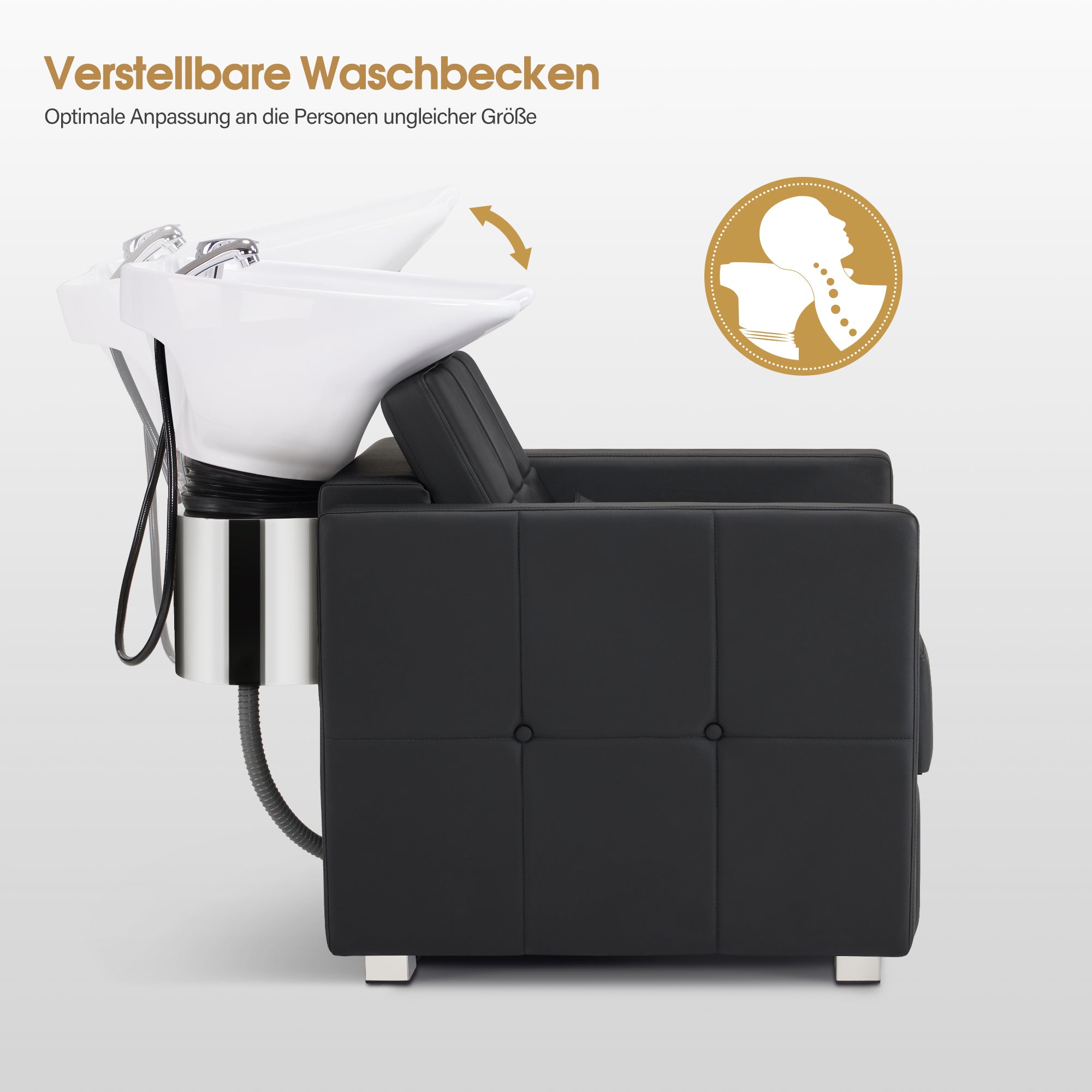 Chaise de coiffure avec lavabo, lavabo réglable en céramique, chaise de lavage inversée pour salon de coiffure, station de lavage pour salon de coiffure 8010 (noir/PVC)