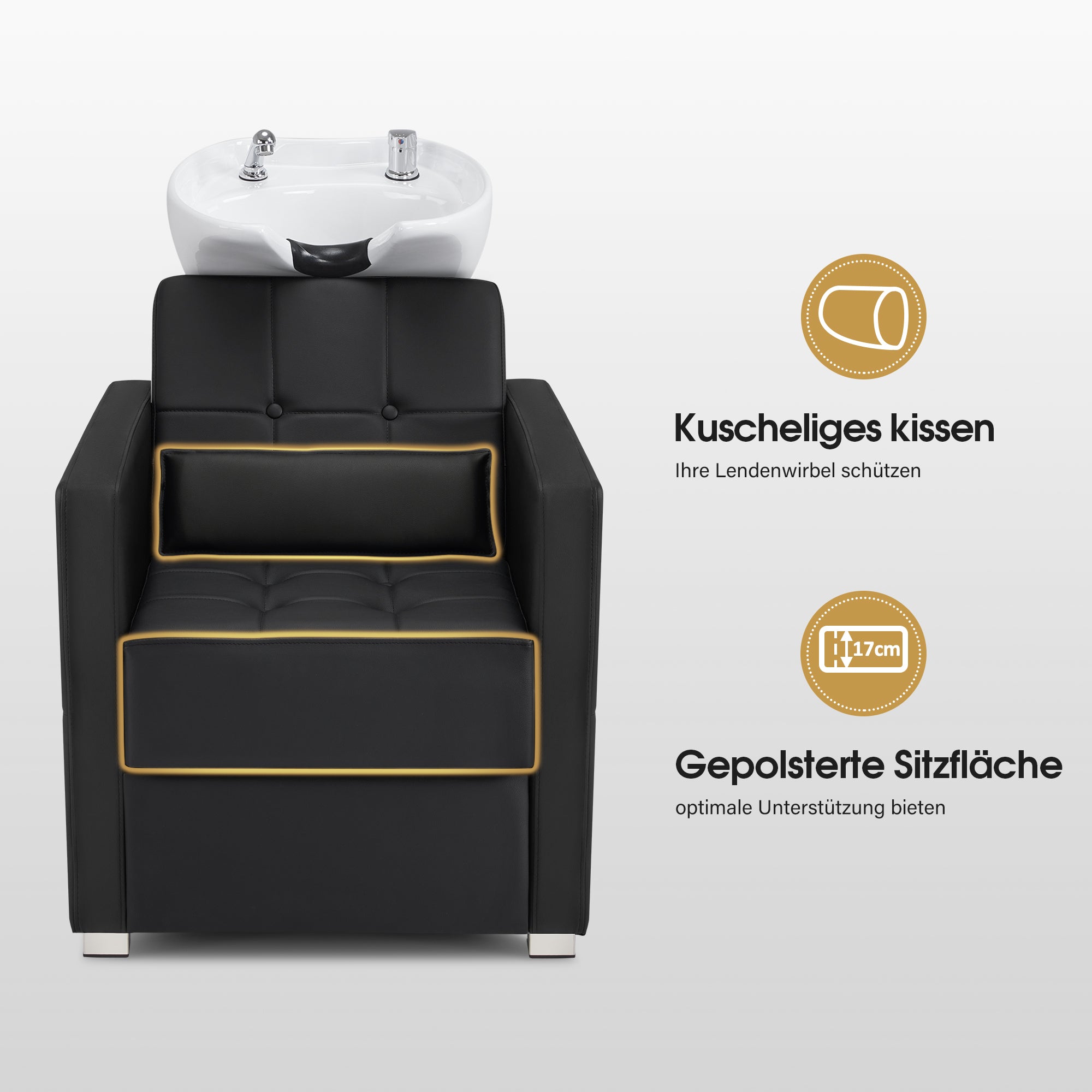 Chaise de coiffure avec lavabo, lavabo réglable en céramique, chaise de lavage inversée pour salon de coiffure, station de lavage pour salon de coiffure 8010 (noir/PVC)