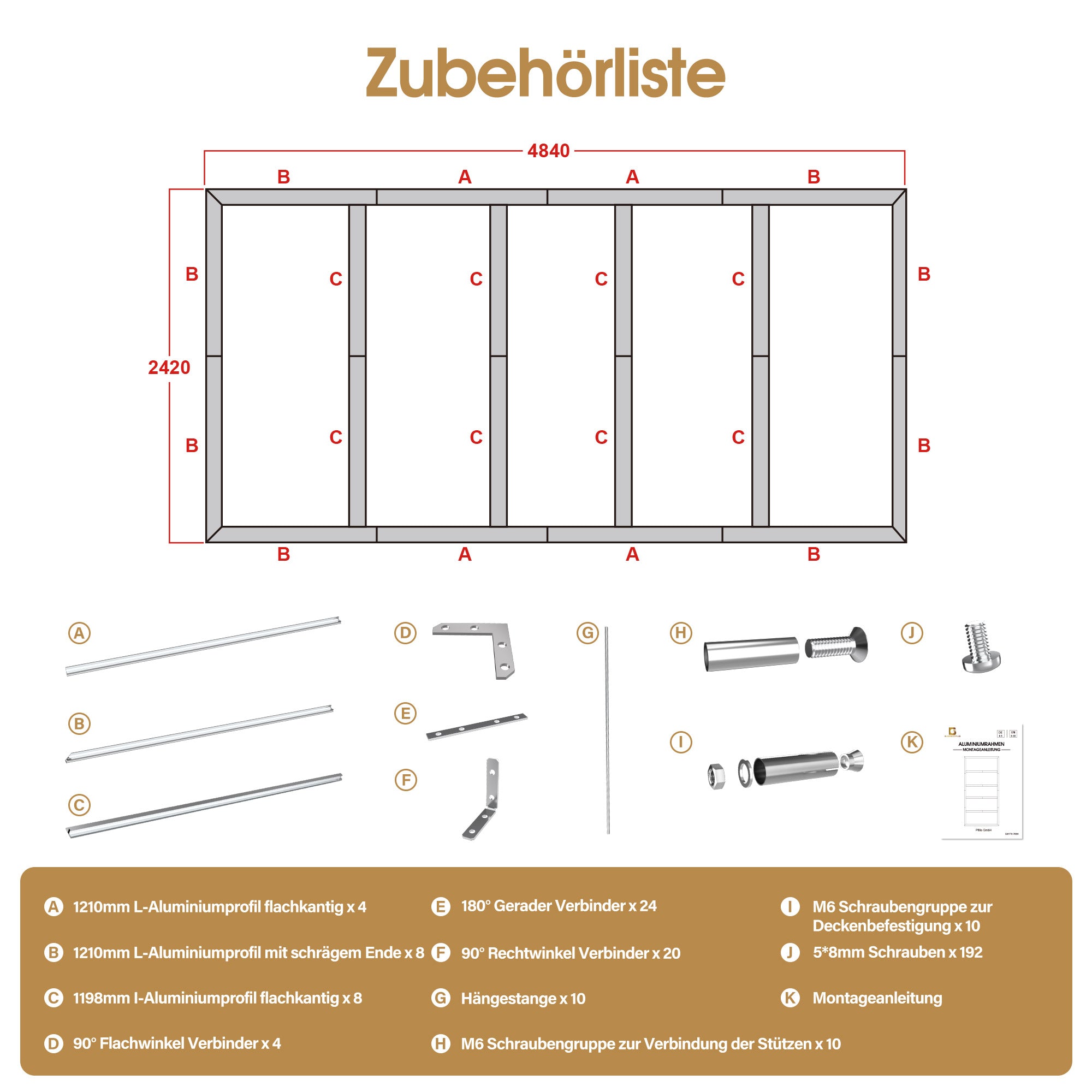BarberPub Aluminiumrahmen für Hexagon LED-Garage Light LP003/LP004/LP005, Montagezubehör für Deckeninstallation, Stabile Befestigung für Werkstatt & Friseursalon, 242 × 484 cm