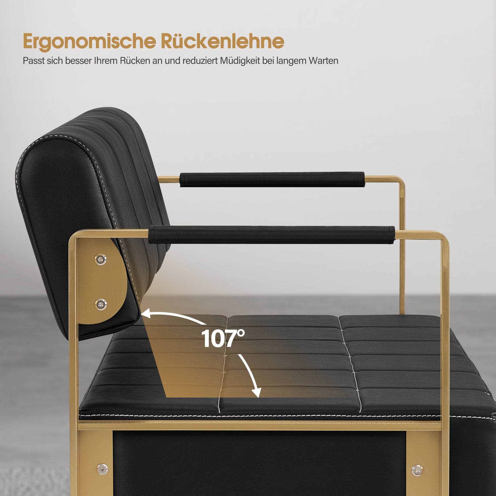 BarberPub 3-Sitzer Sitzbank mit goldenen Armlehne, Polsterbank mit Rückenlehne 140cm, Wartebank Friseur, Wohnzimmerbank, Friseureinrichtung W528 (Schwarz-Gold/Kunstleder)