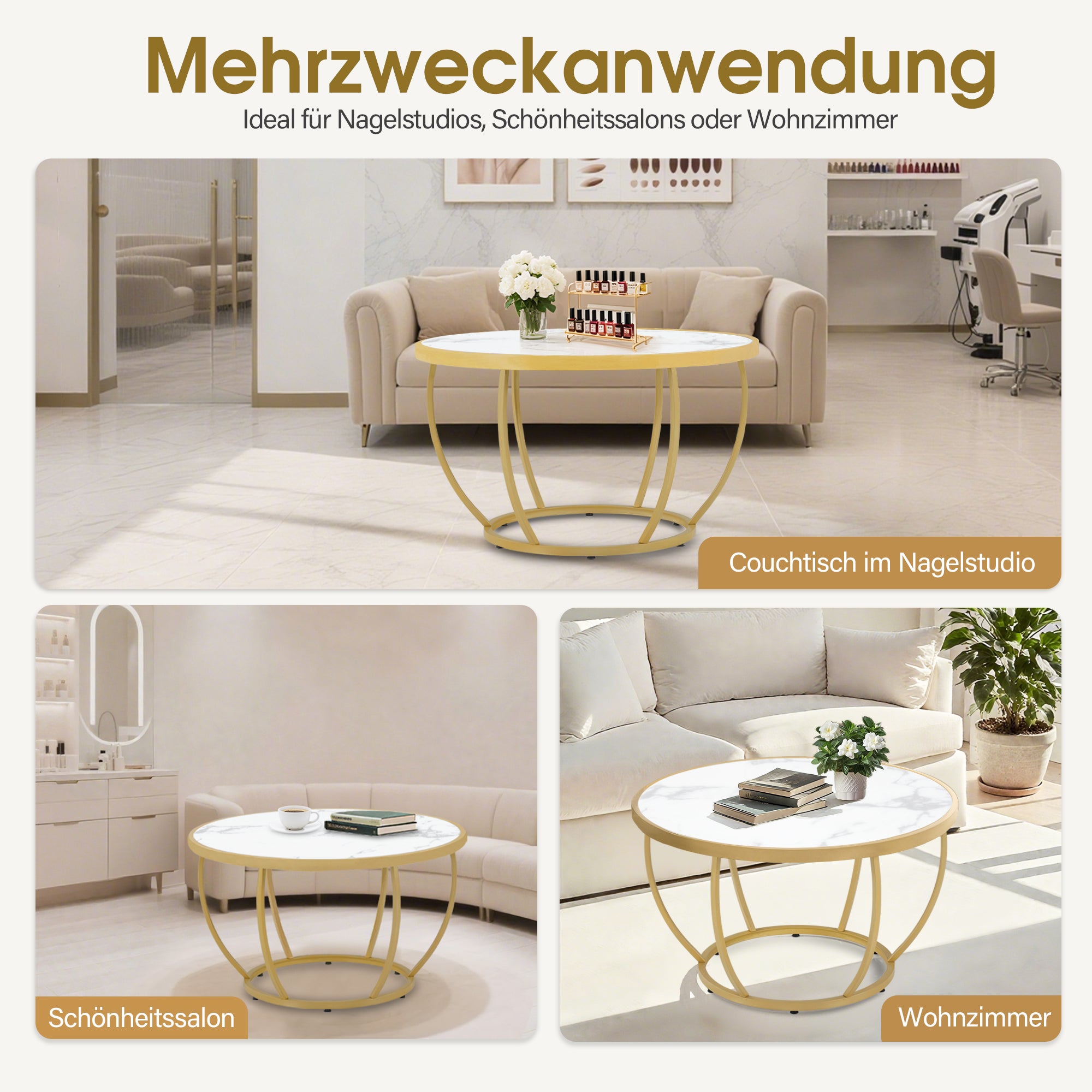BarberPub Couchtisch Rund Holz, Moderner Sofatisch, Kleiner Beistelltisch Metall, Kaffeetisch für Wohnzimmer, Schönheitssalon, Wohnzimmertisch Marmor-Weiß Gold, 80x80x46,5cm, 2185