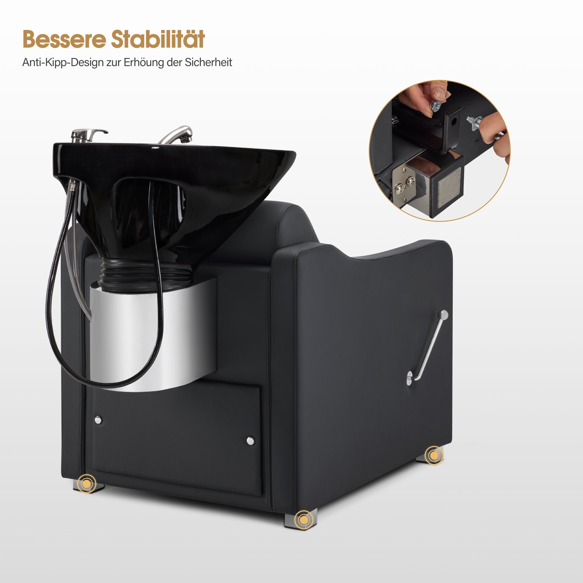 Fauteuil de barbier BarberPub avec lavabo, repose-jambes pliable, lavabo réglable en céramique, fauteuil de lavage pour salon de coiffure, station de lavage pour salon de spa 8675 (noir/similicuir)