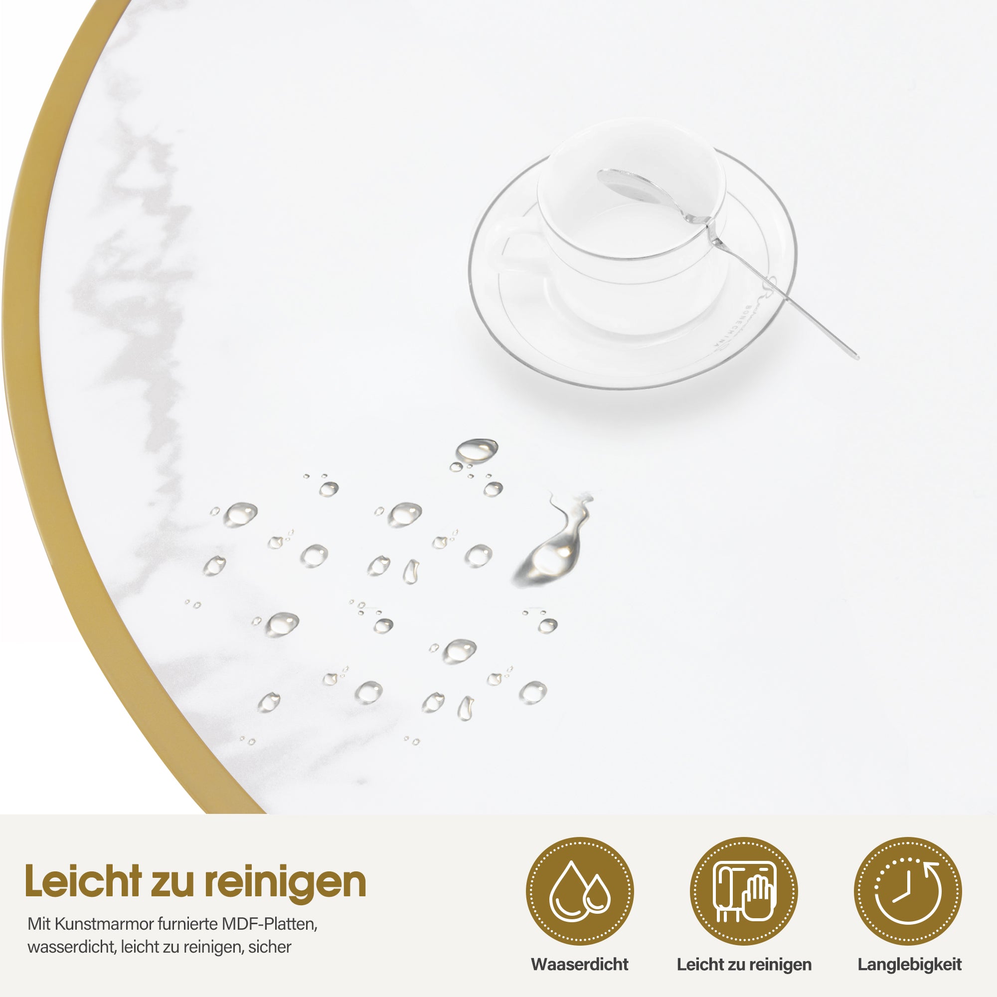 BarberPub Couchtisch Rund Holz, Moderner Sofatisch, Kleiner Beistelltisch Metall, Kaffeetisch für Wohnzimmer, Schönheitssalon, Wohnzimmertisch Marmor-Weiß Gold, 80x80x46,5cm, 2185