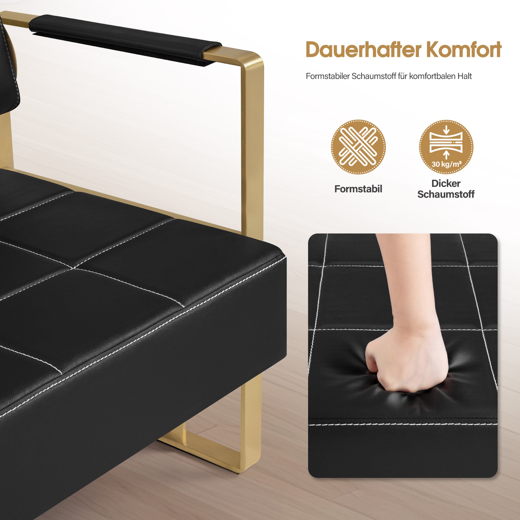 BarberPub 3-Sitzer Sitzbank mit goldenen Armlehne, Polsterbank mit Rückenlehne 140cm, Wartebank Friseur, Wohnzimmerbank, Friseureinrichtung W528 (Schwarz-Gold/Kunstleder)
