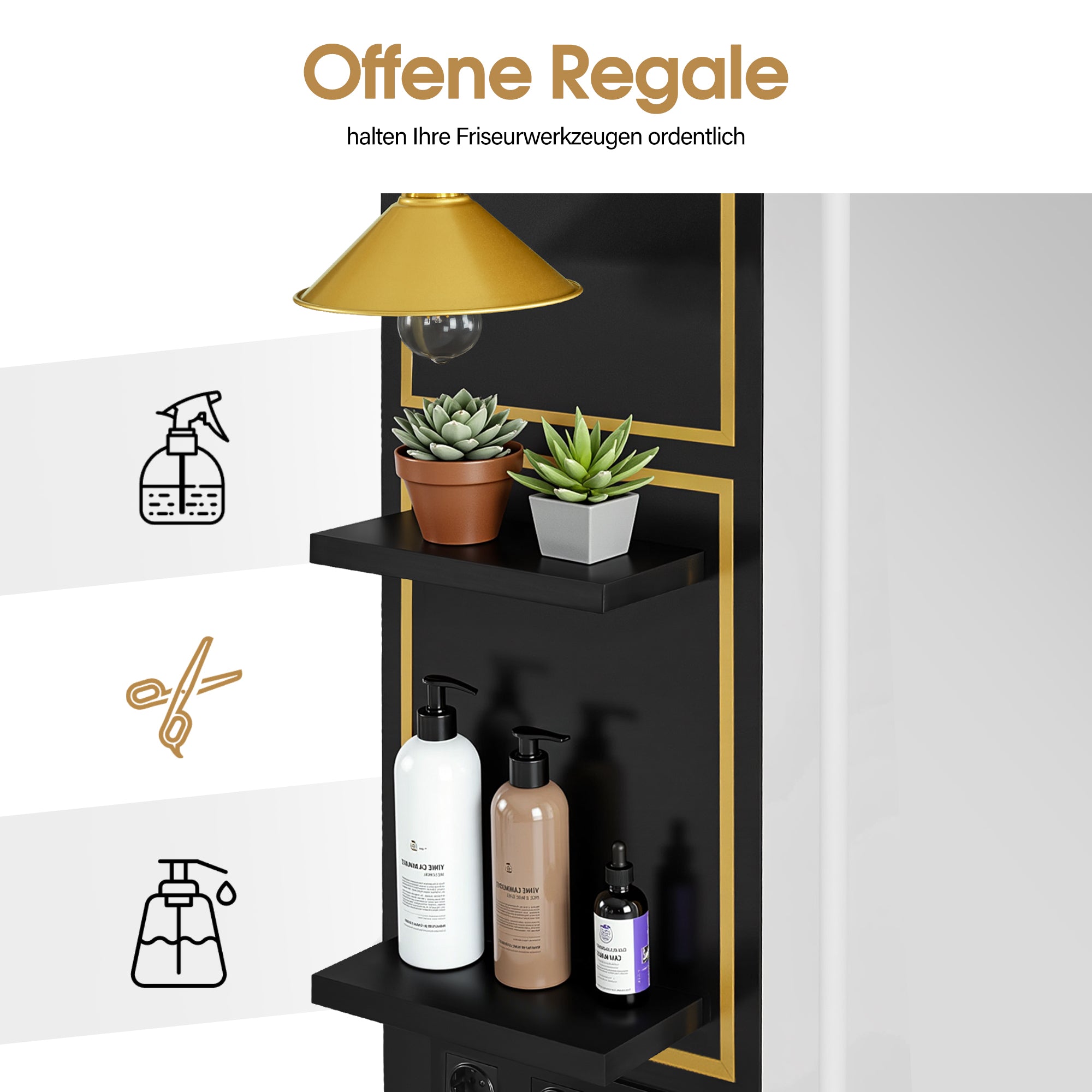 BarberPub Friseurplatz mit 2 Schubladen, Schminktisch mit Spiegel, Bedienungsplatz mit 4 Ablagen & 2 Schränken, Spiegelschrank aus Holz, Spiegeltisch mit Beleuchtung, 3161 (Schwarz-Gold)