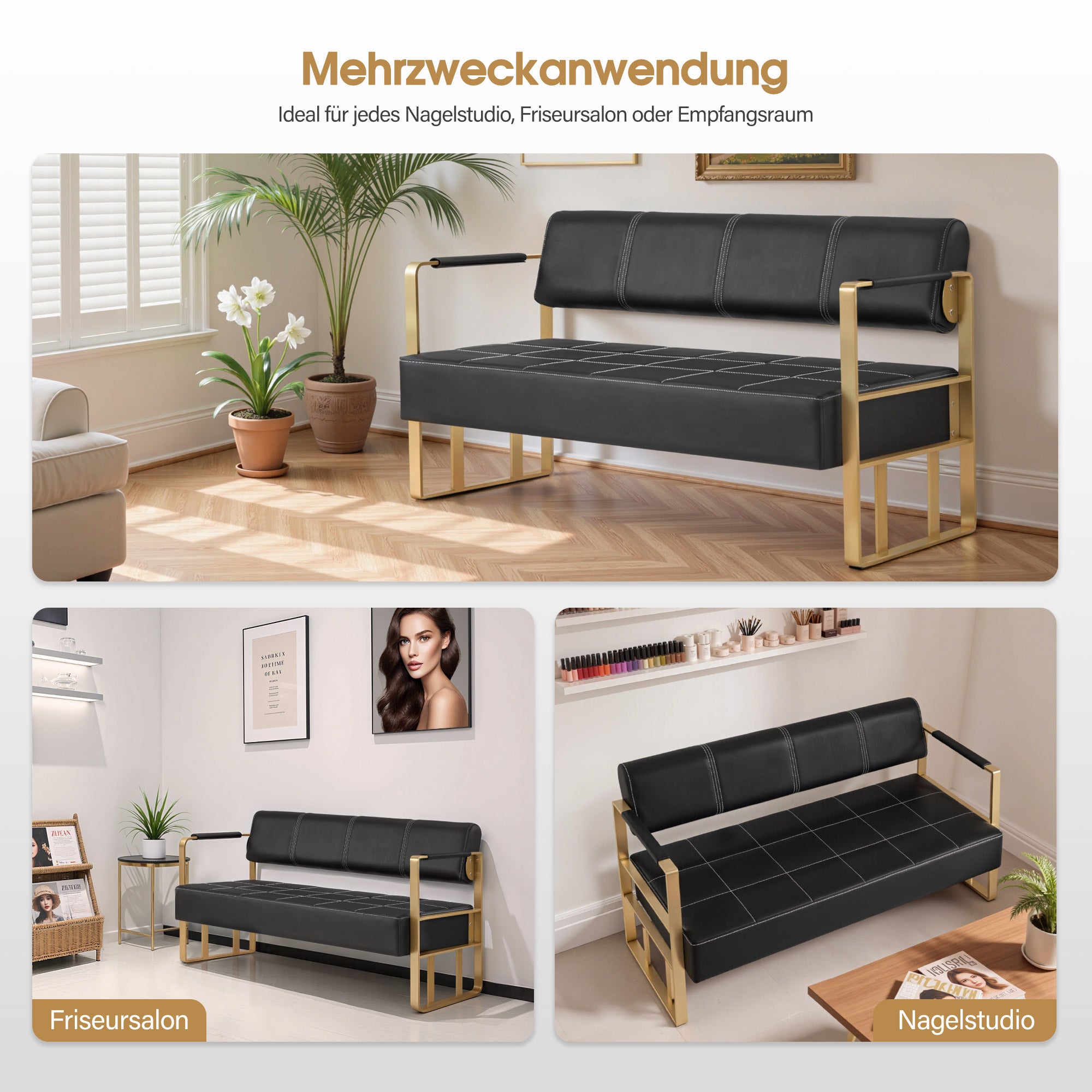 BarberPub 3-Sitzer Sitzbank mit goldenen Armlehne, Polsterbank mit Rückenlehne 140cm, Wartebank Friseur, Wohnzimmerbank, Friseureinrichtung W528 (Schwarz-Gold/Kunstleder)
