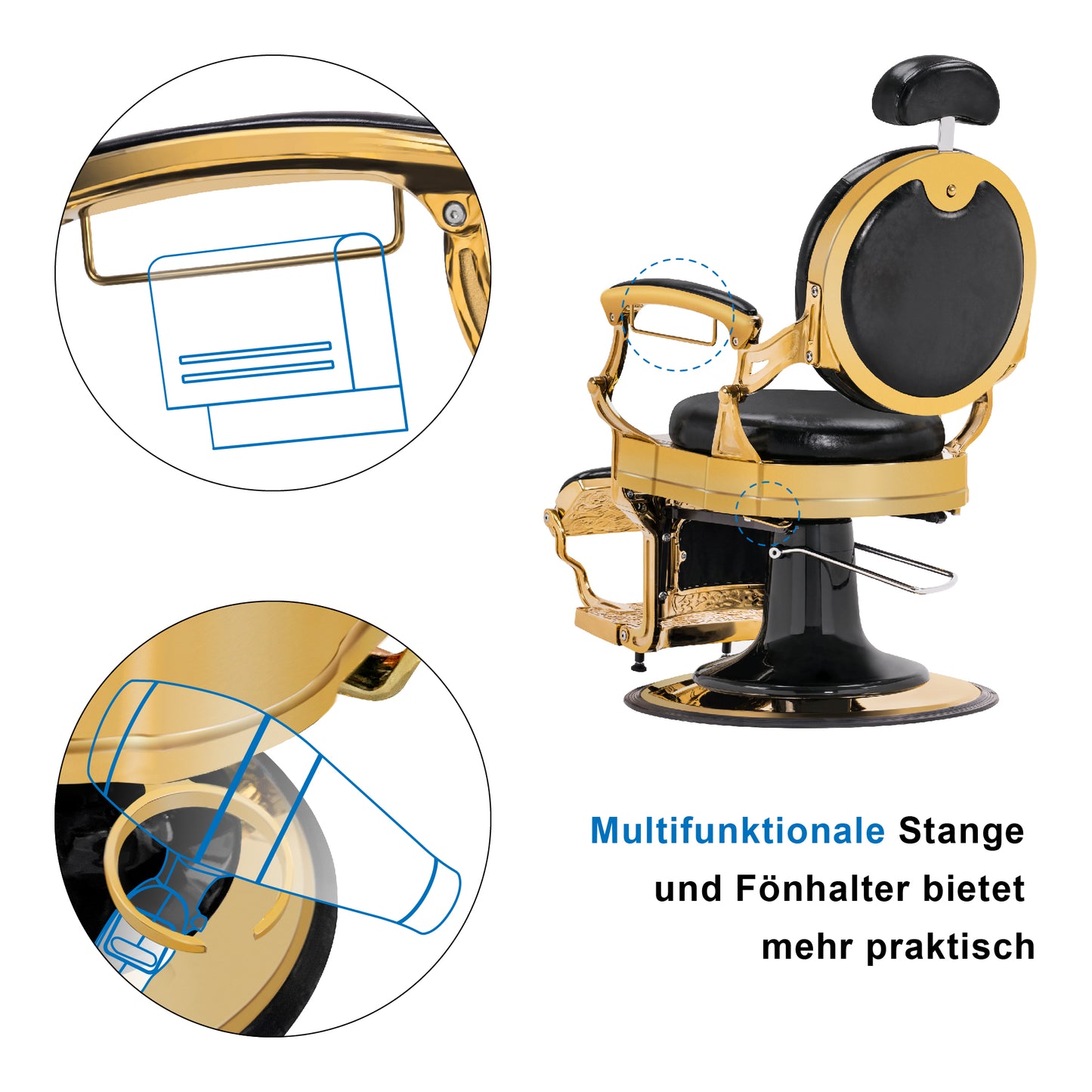 Barberpub Friseurstuhl hydraulische Friseursessel 2933, mit Retro/ Vintage Stil, 360° drehbar, Kunstleder, Goldrahmen/ Roségold Rahmen, 113 × 68 × 109 cm